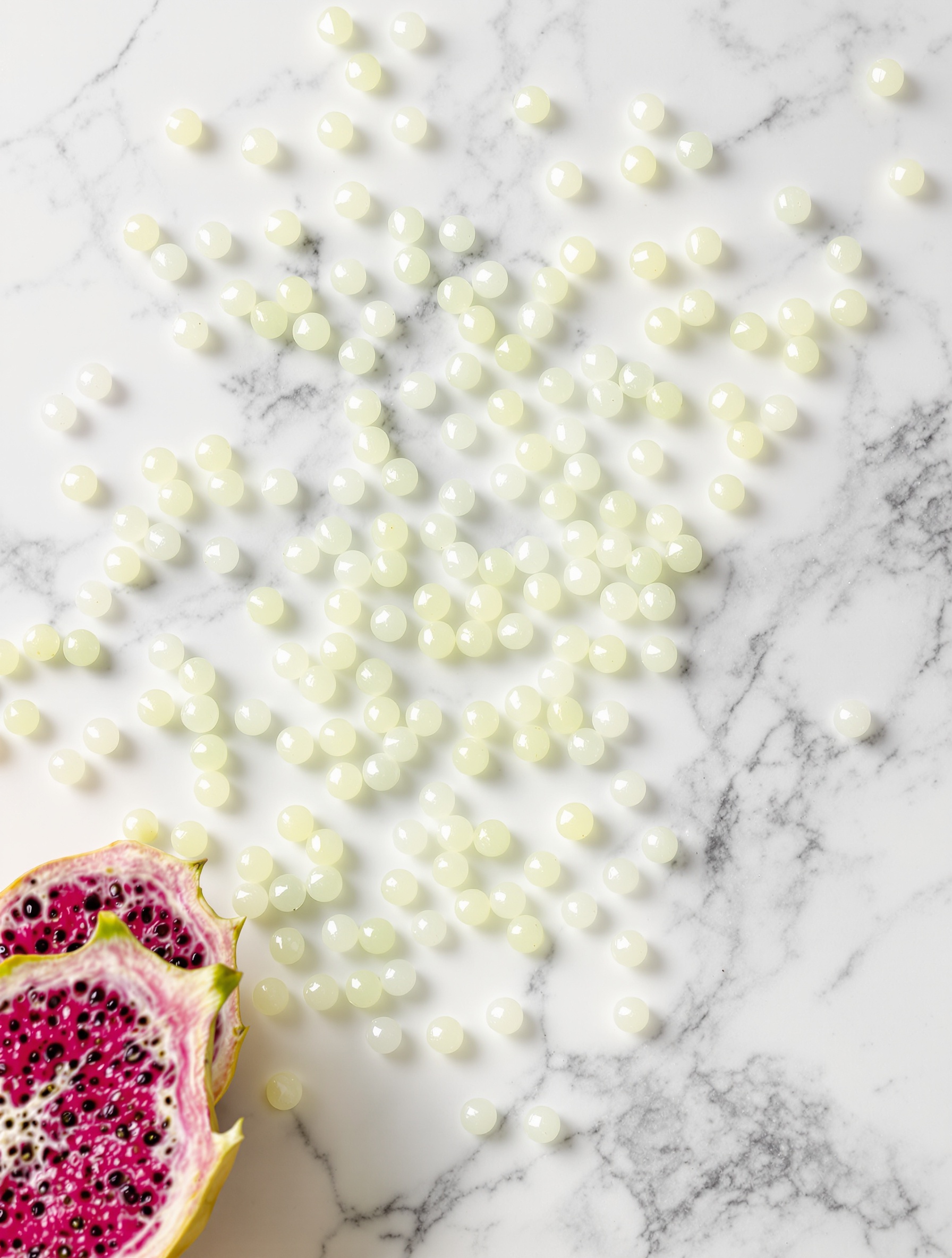 Finger lime pearls and dragonfruit on marble, capturing the bright tropical core of Pornstar Noyau Doux.