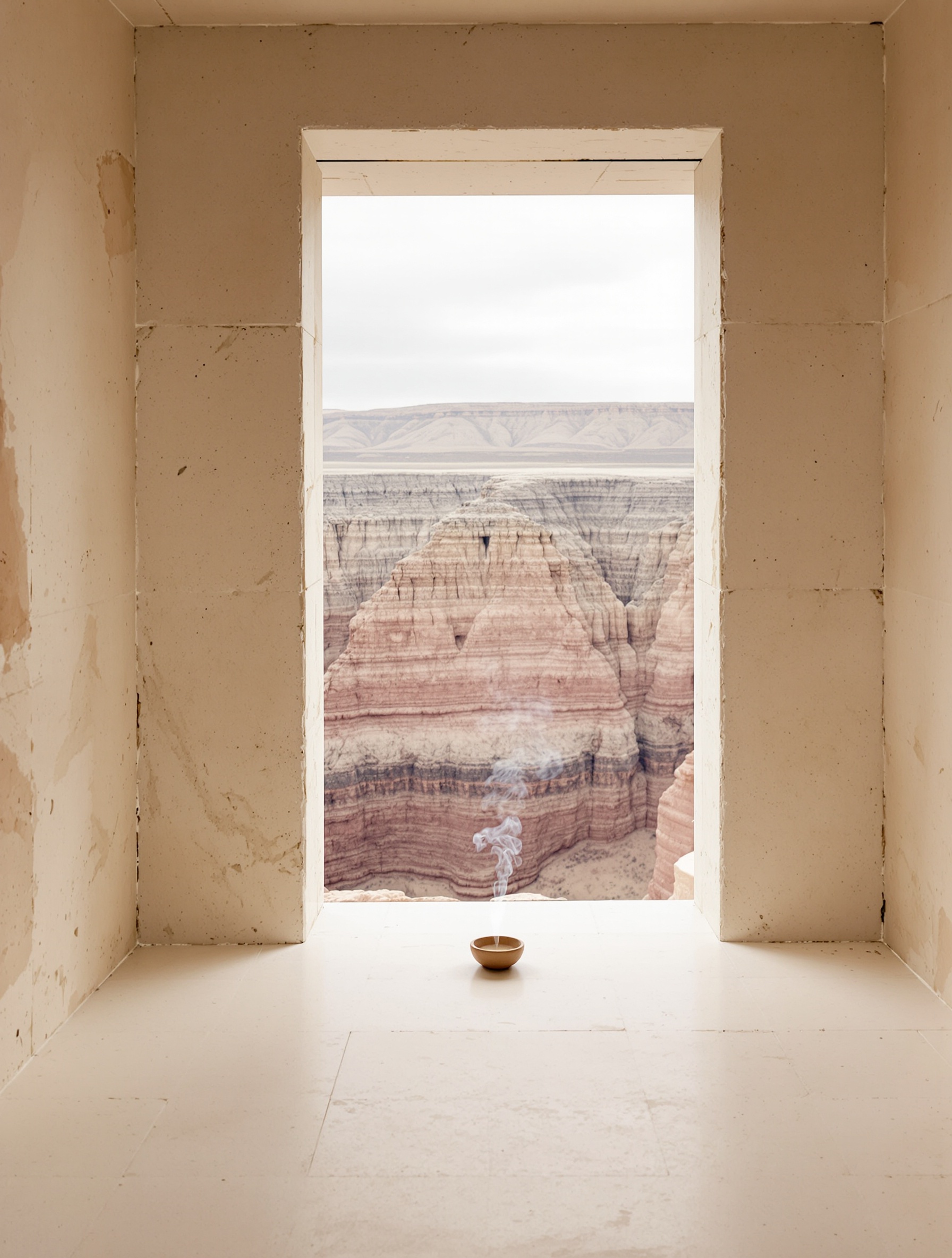 A bare limestone chapel doorway opens onto a vast pale canyon at altitude, a thin thread of frankincense smoke rising from a small clay bowl on the stone floor.