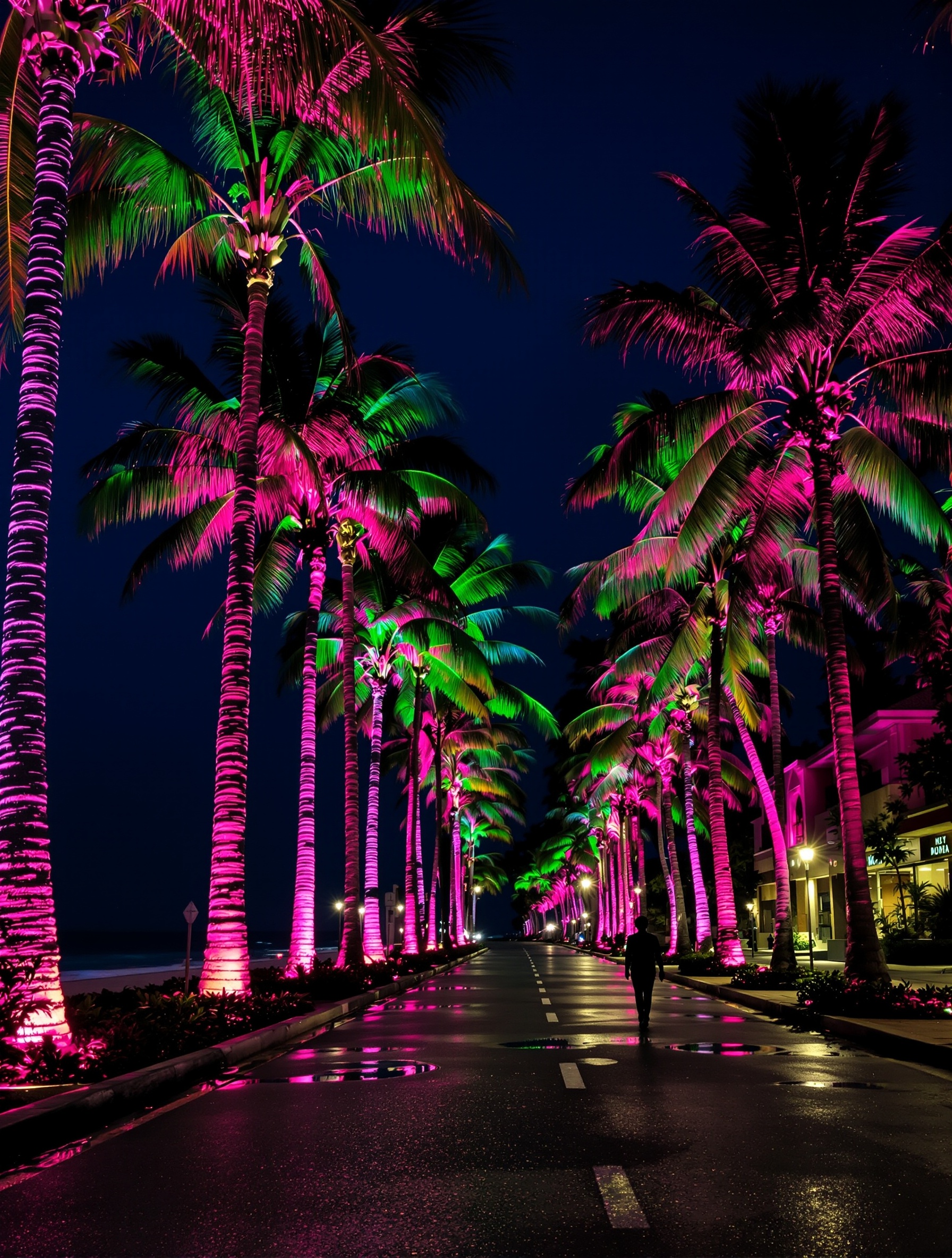 A lone silhouetted figure walks a neon-lit palm boulevard at night, magenta and green light bleeding across the wet road.