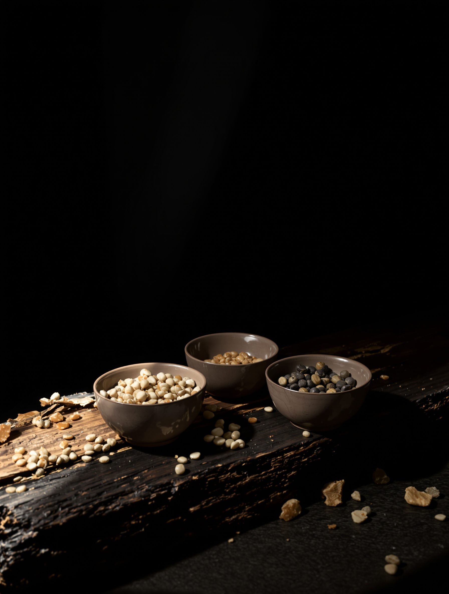 Three small clay bowls of raw musk grains rest on dark aged timber beside bark and resin fragments, lit by a single cold shaft of light against deep shadow.