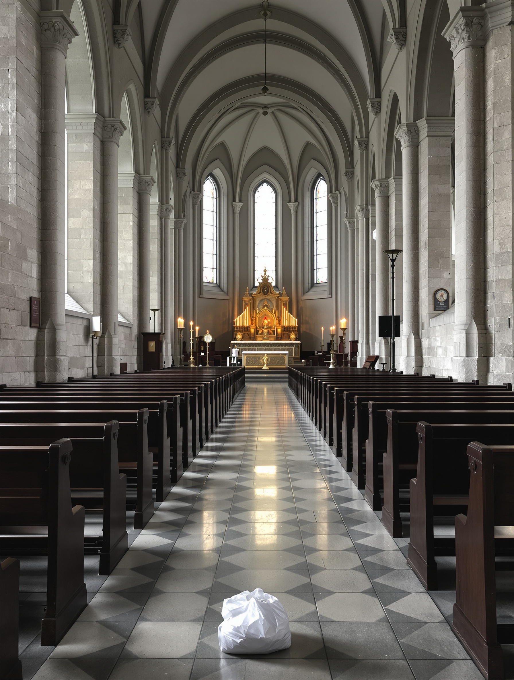 An empty winter church nave where a discarded plastic bag rests on the stone aisle, lit with the same cold light as the distant gilded altar.