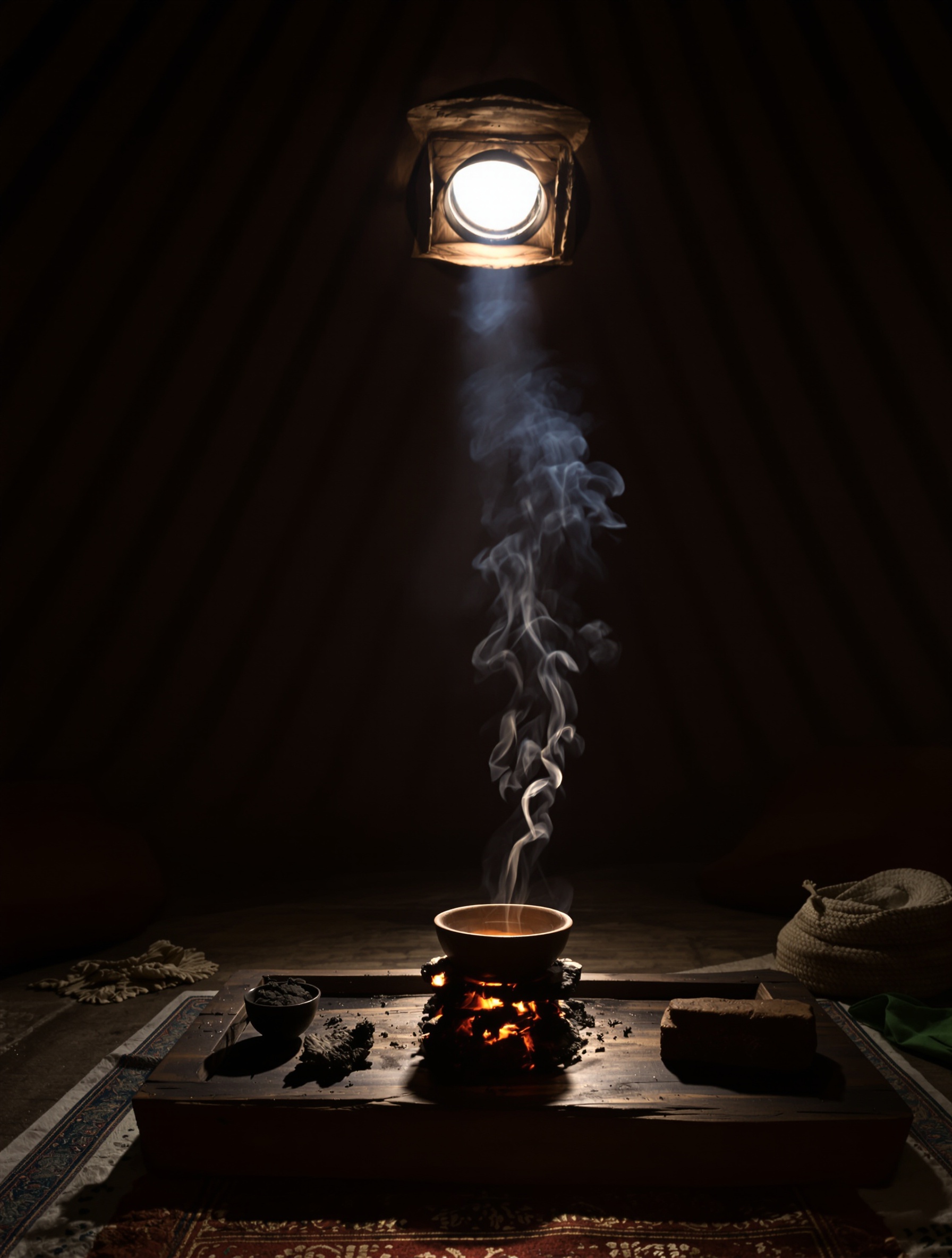 A dim yurt interior for Mongolian Musk, felt walls and smoke-hole light evoking steppe warmth and ritual heaviness.