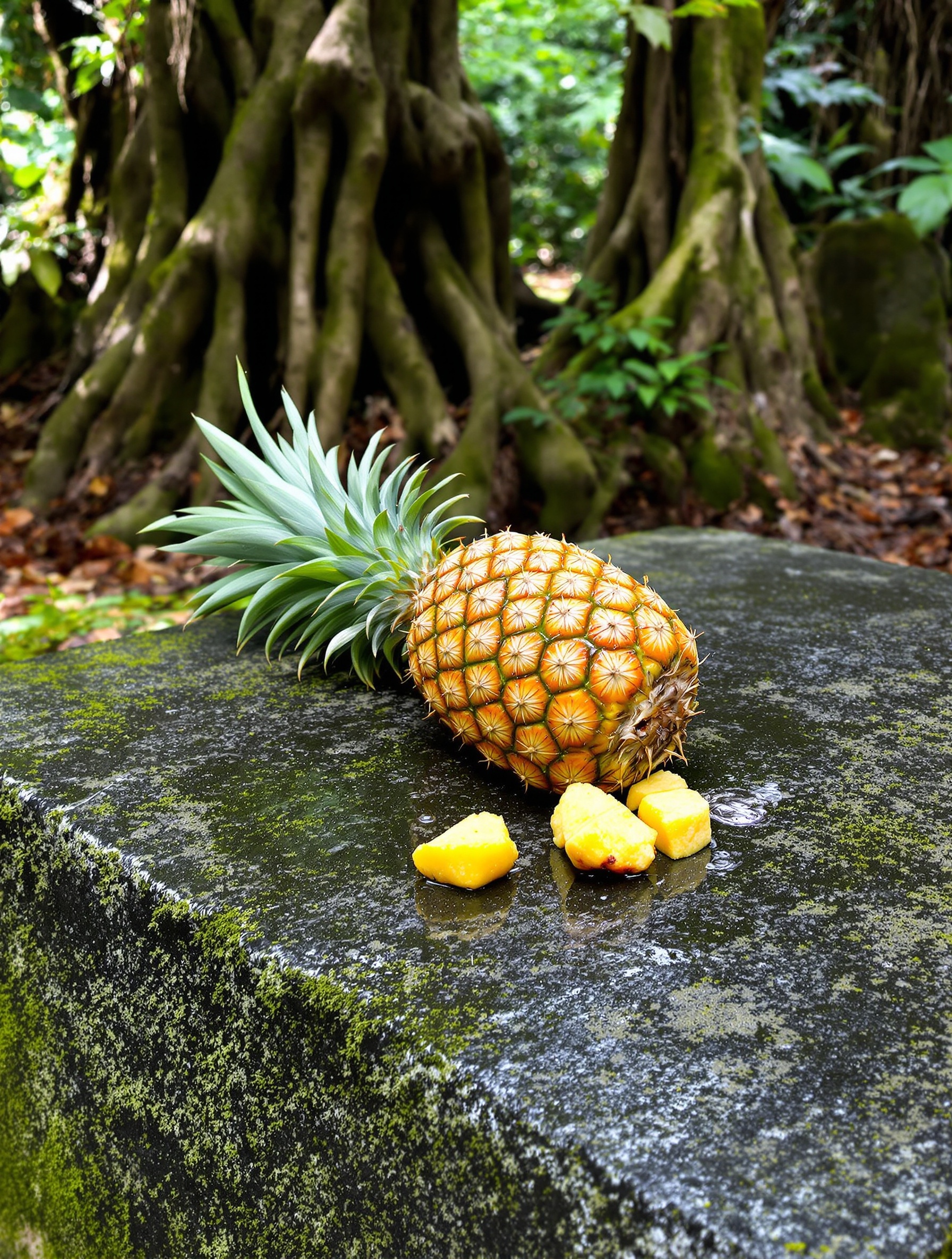 A naturally lit jungle scene with a ripe pineapple resting on ancient mossy stone surrounded by dense tropical undergrowth.