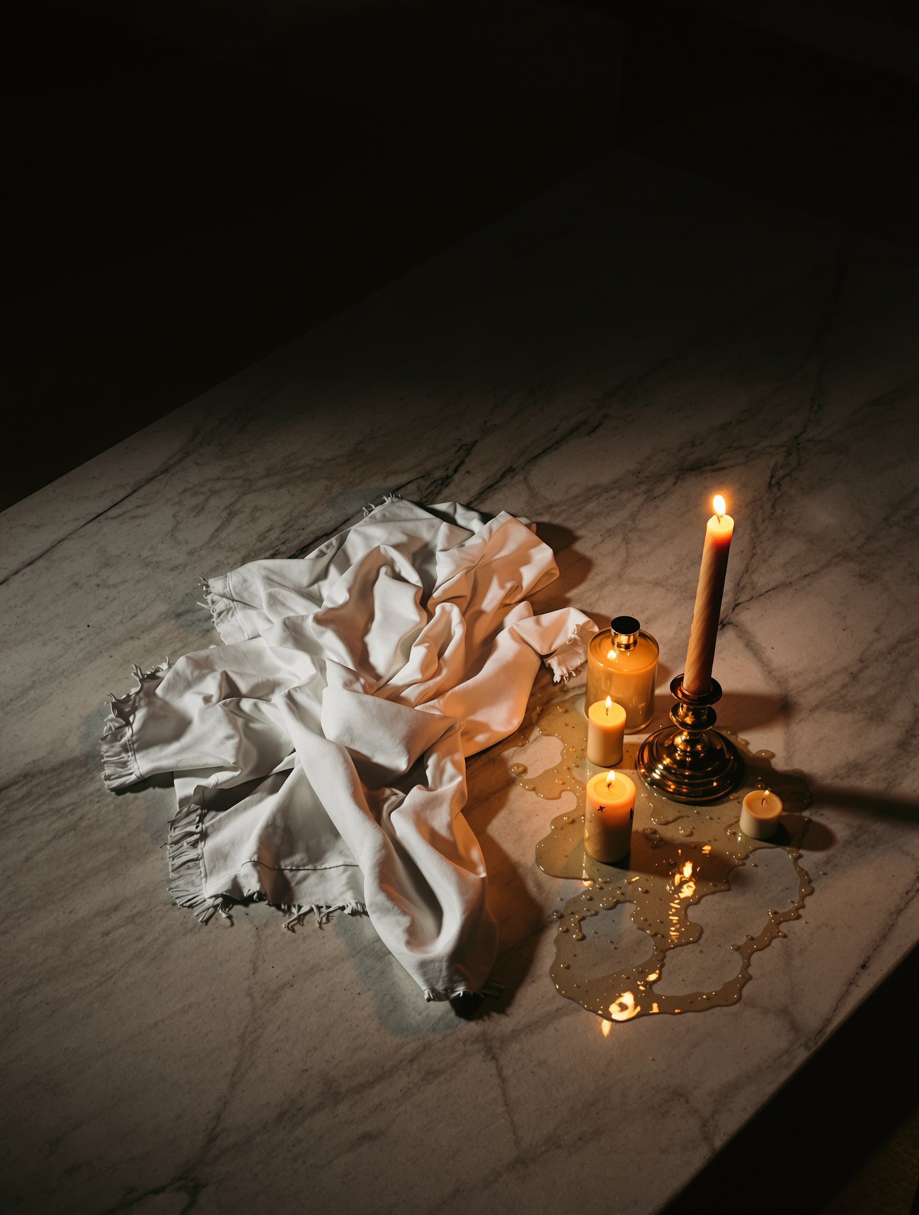A crumpled white surplice and pooled candle wax on cold church marble, photographed for Anarchist A by Toskovat.