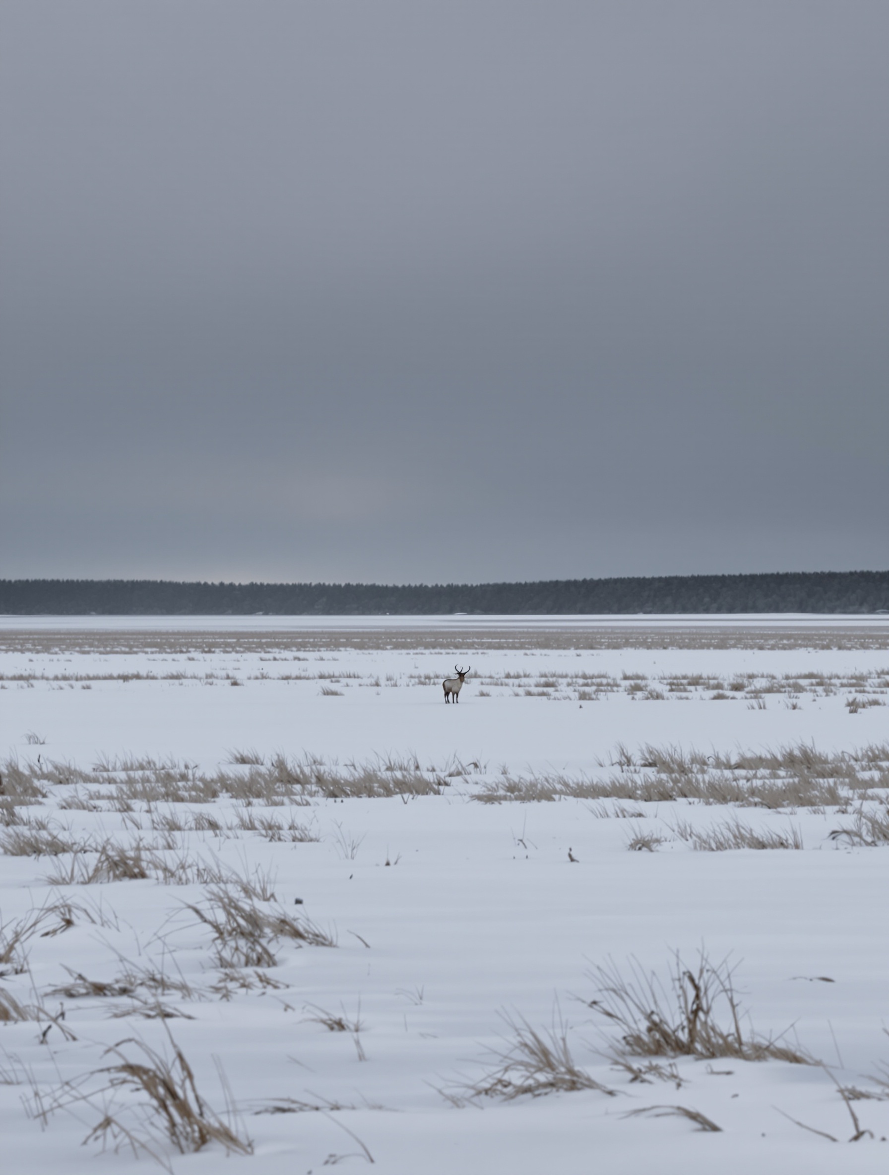 A lone musk deer at distance on the Mongolian winter steppe, evoking the endangered rarity at the heart of Mongolian Musk.