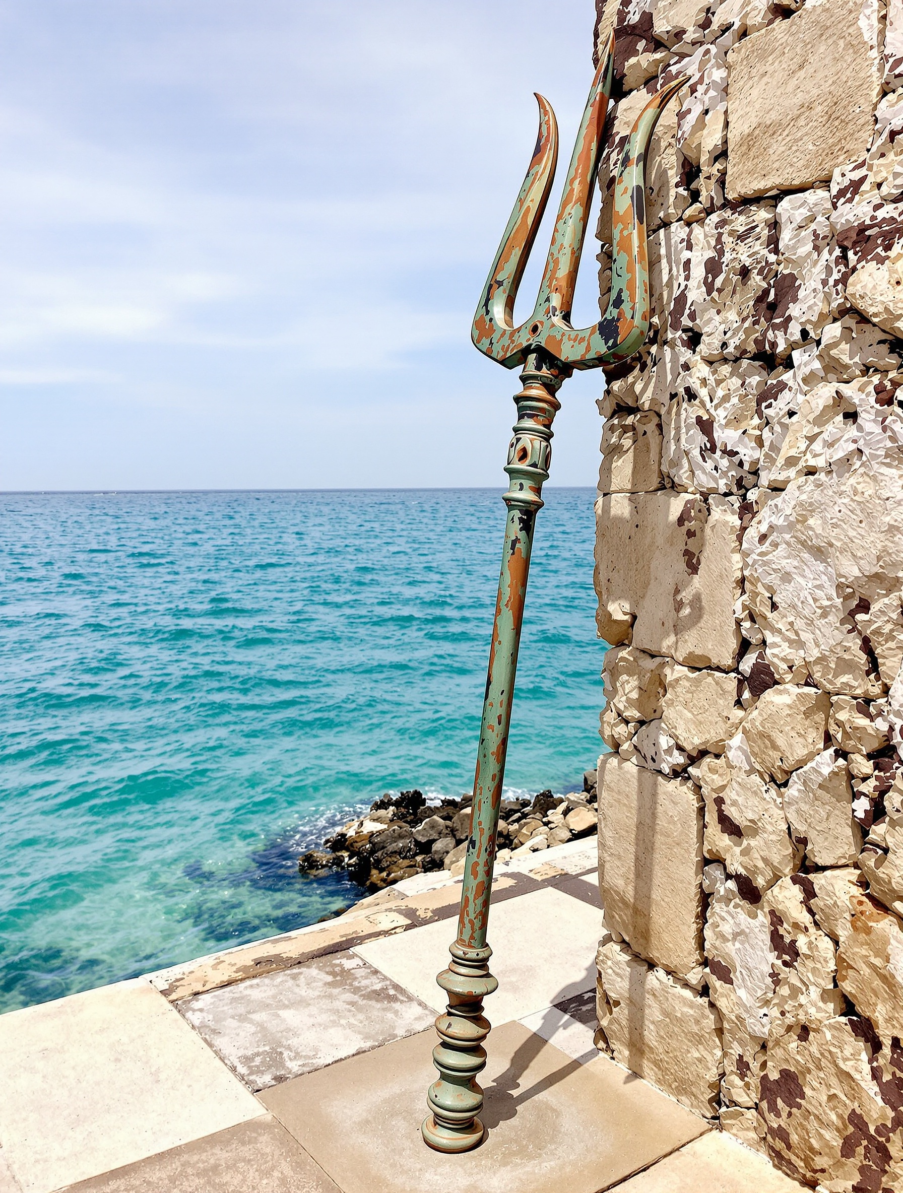 A verdigris-mottled bronze trident leans against a sun-bleached Roman stone sea-wall, its base on wet limestone pavement, the turquoise Mediterranean glittering behind it under a white afternoon sky.