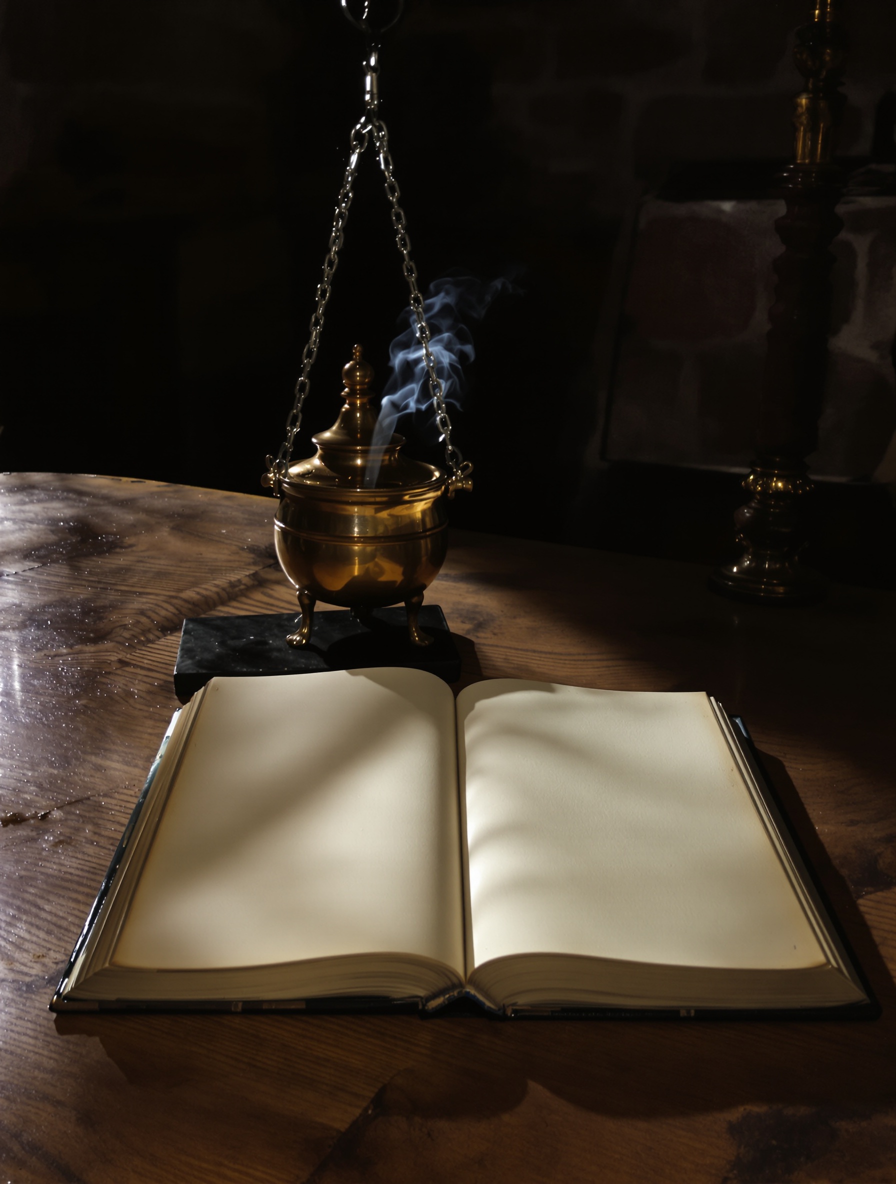 An ink-stained ledger and a hanging censer sharing the same shadow in a dim vestry, evoking Anarchist A by Toskovat.