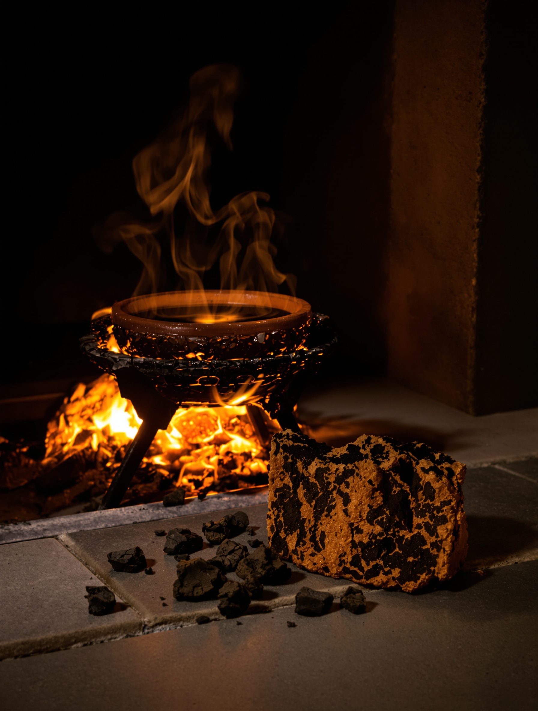 Steam rising from puerh leaves beside iron embers, a grounded still-life detail for Mongolian Musk's fermented dark dimension.