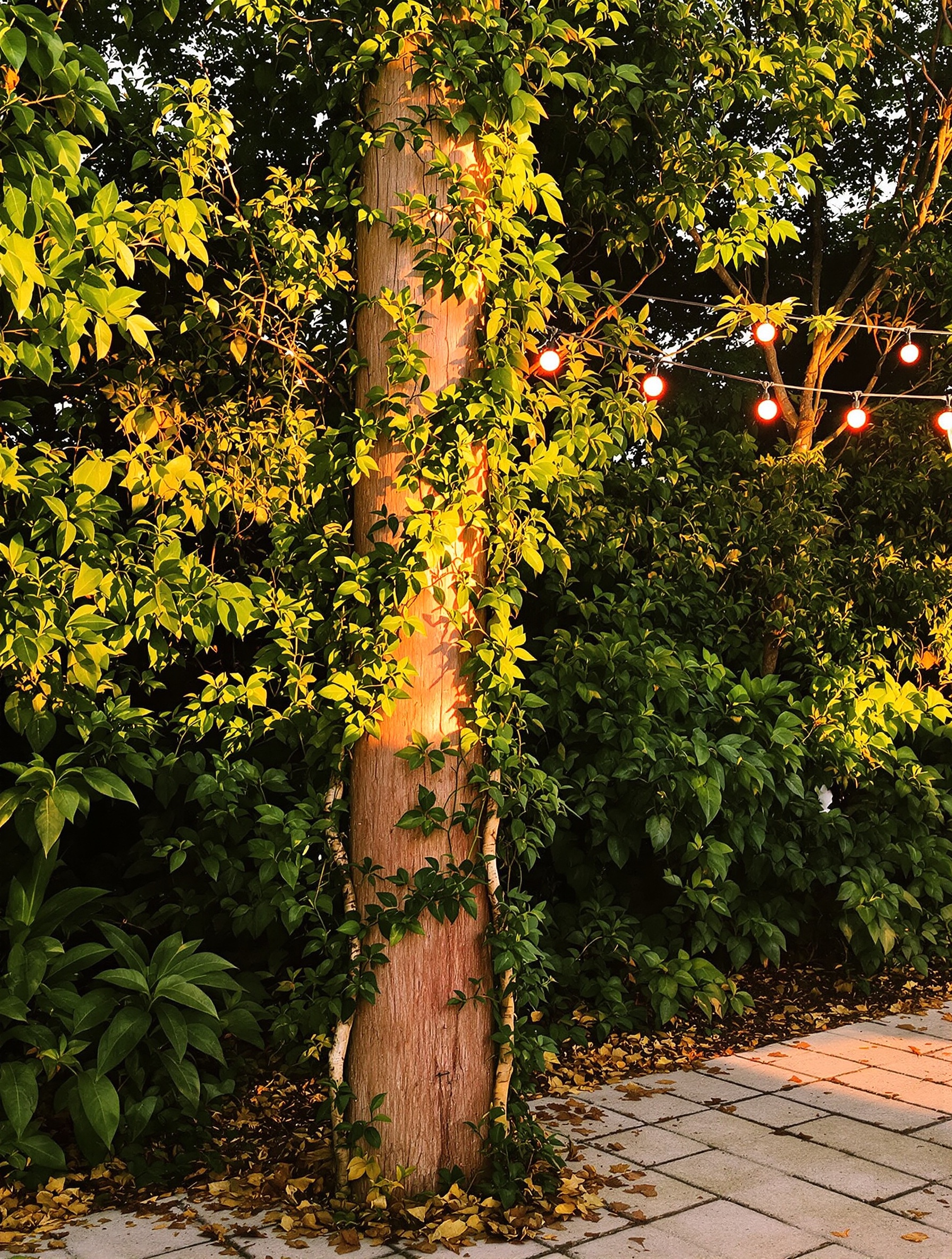 A moss-covered timber post on a sunlit overgrown resort terrace where tropical jungle has begun to reclaim the paving.