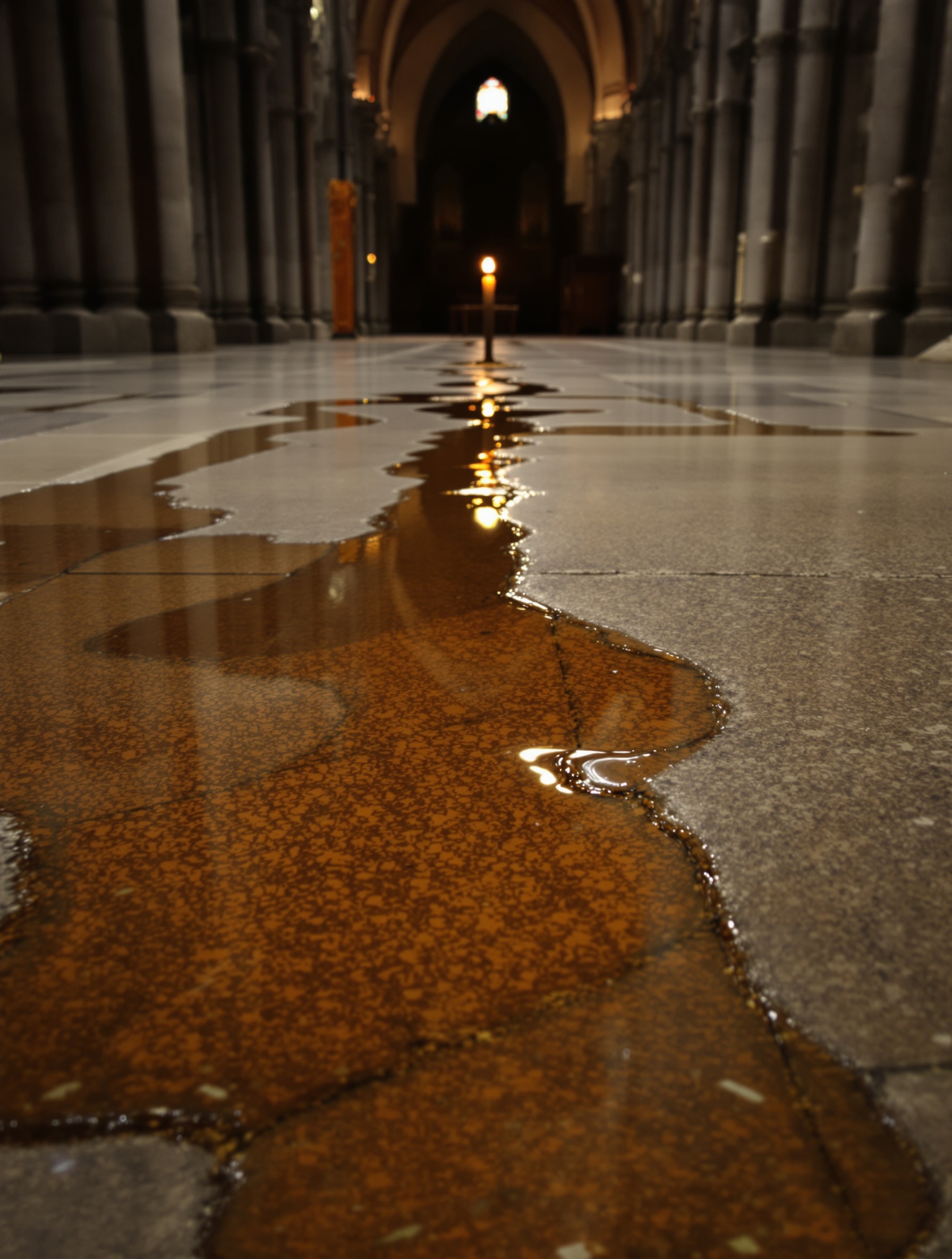 A real photograph of dark amber liquid seeping across cold cracked church concrete toward a single distant candle flame.