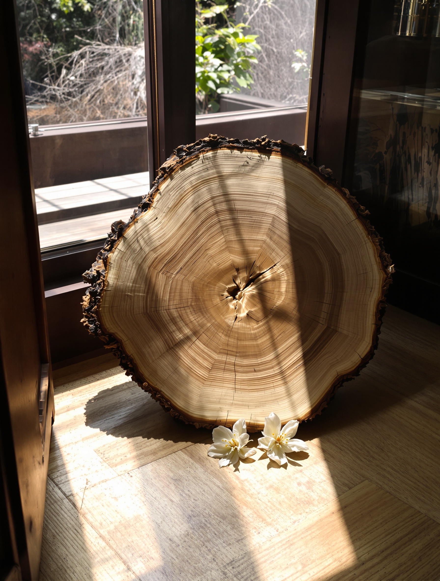 An aged agarwood cross-section rests on a worn wooden floor in dim sidelight, two wilting jasmine blossoms lying nearby in unposed stillness.