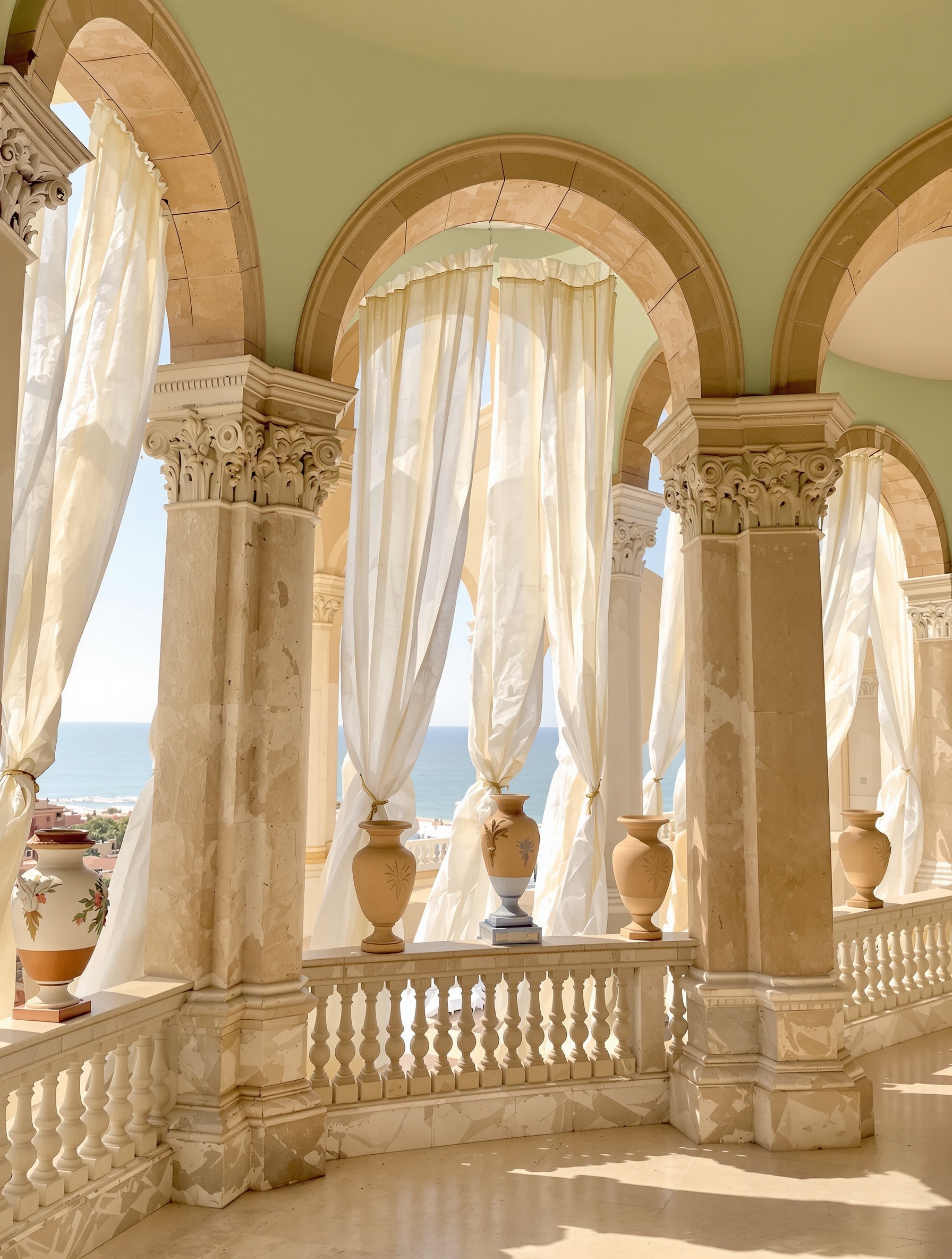 Sun-warmed Baroque loggia with billowing white linen and sea-green plaster under a Mediterranean morning sky.