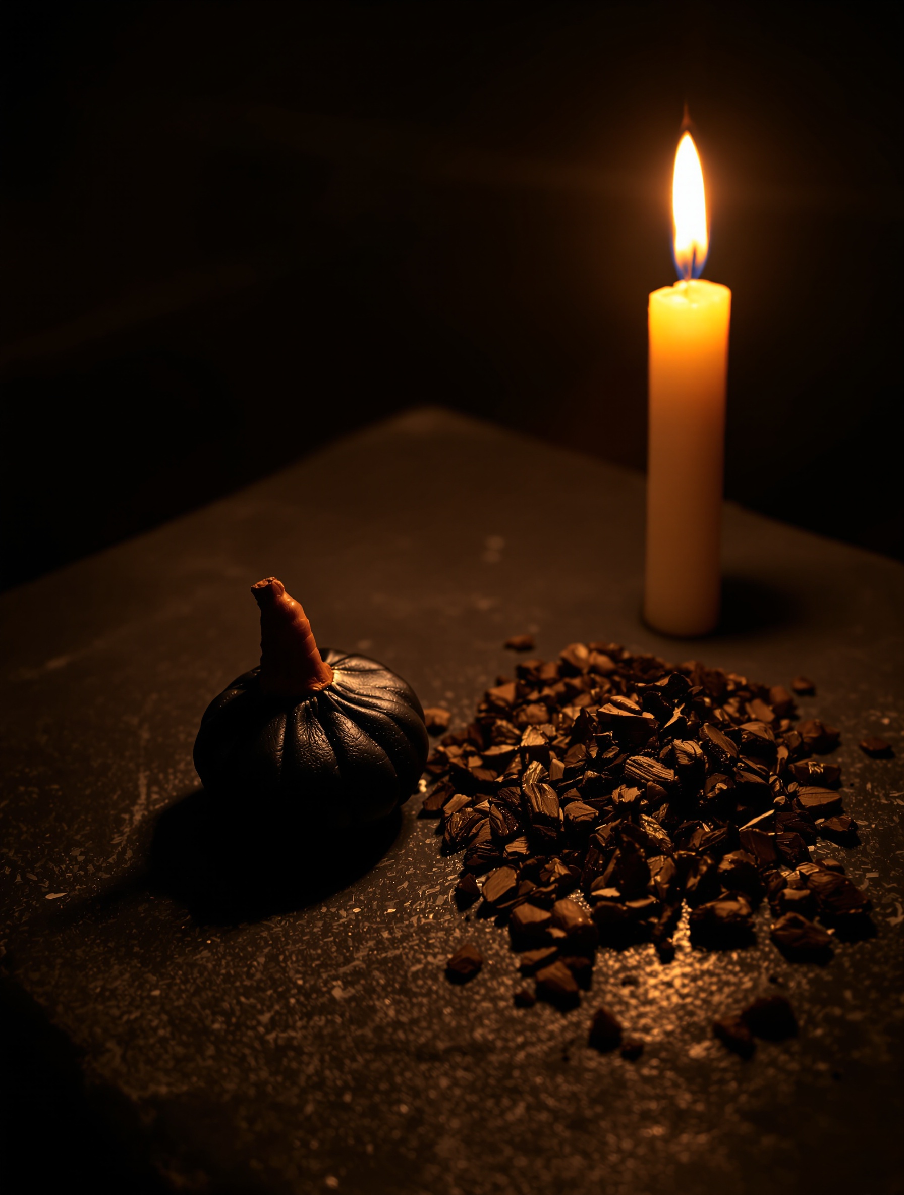 A musk pod and scattered oud wood chips rest on a dark stone surface under warm candlelight.