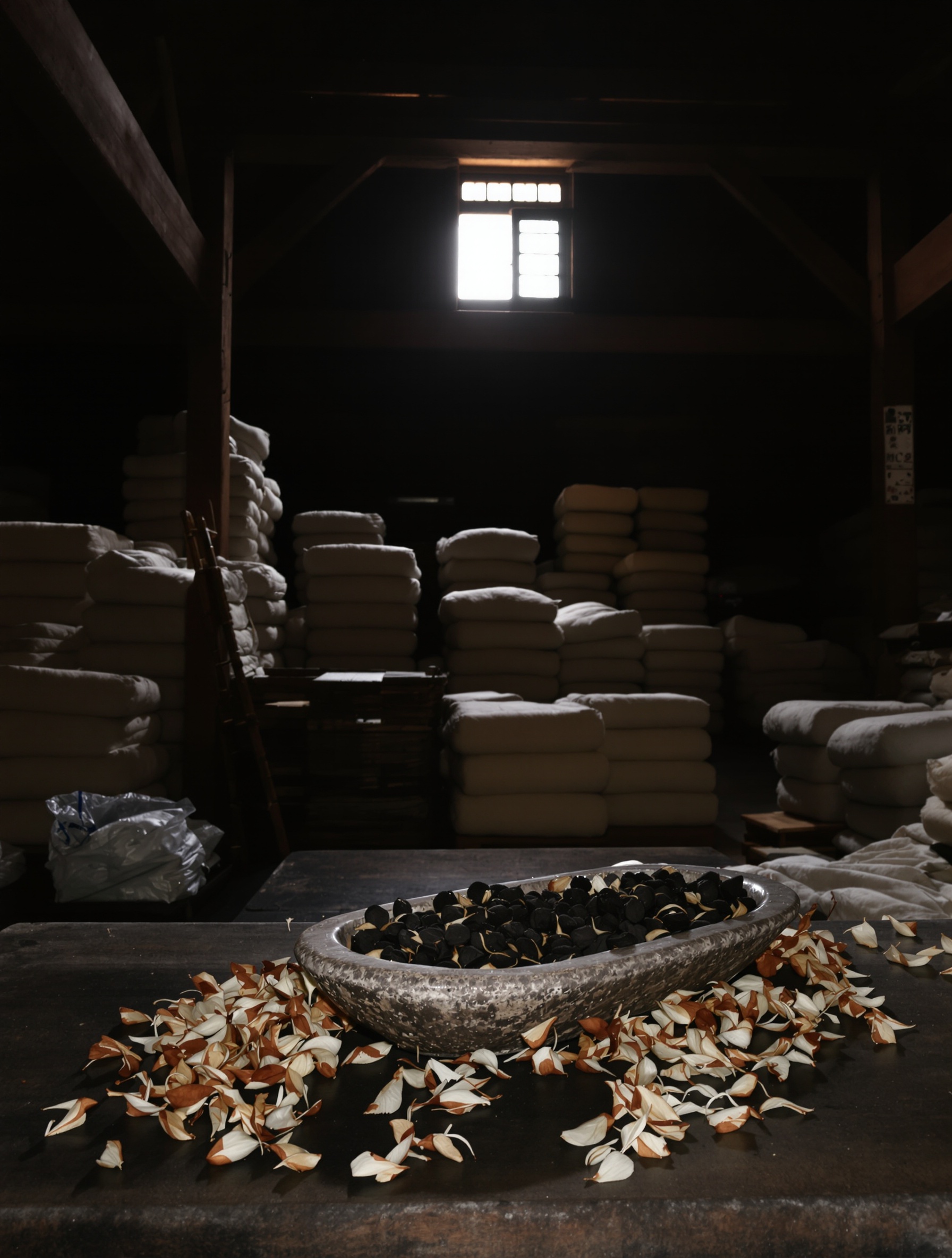 A dim colonial-era trading room in northern Vietnam evoking the world of EO2 Tonkin by Ensar Oud.