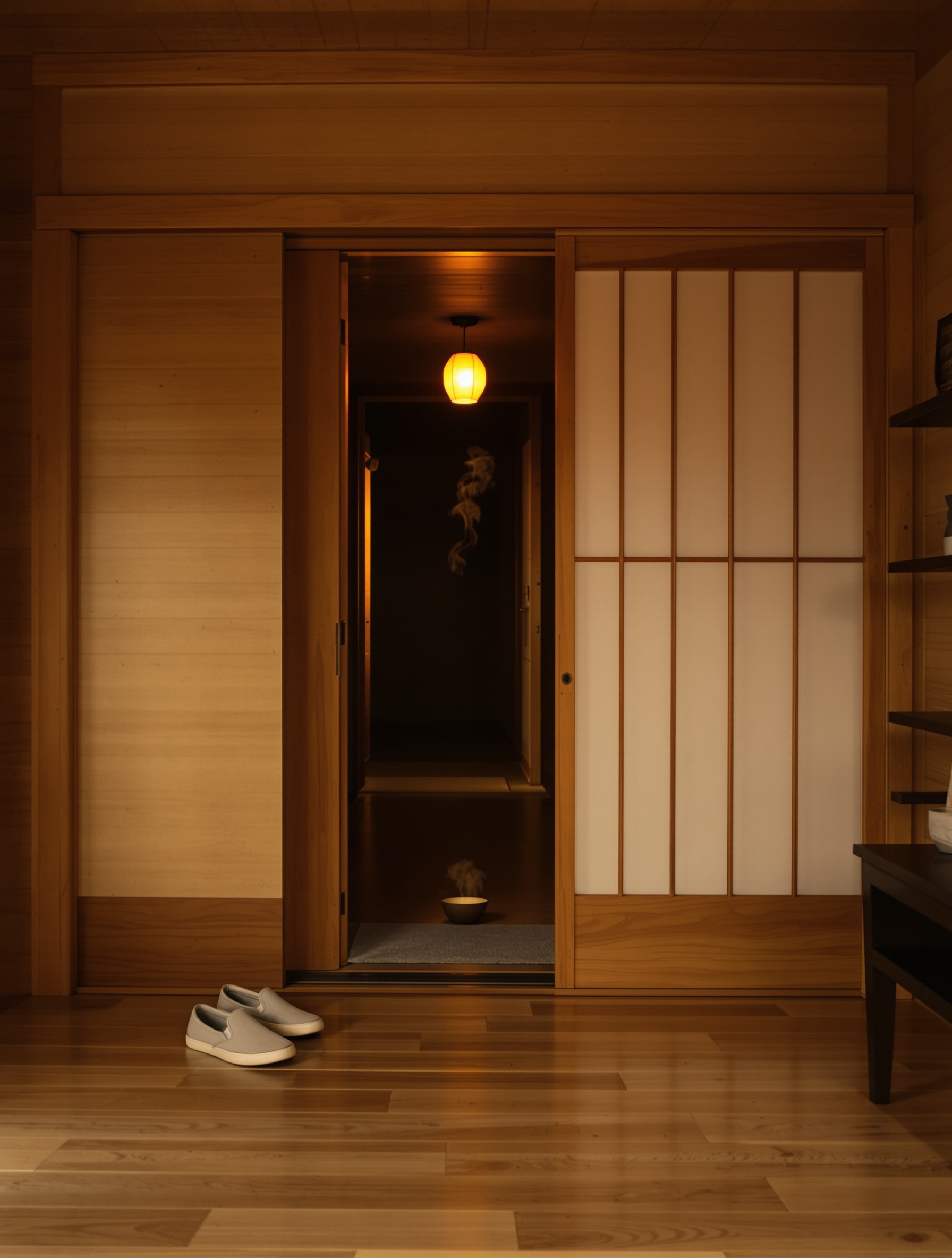 A dim Japanese-style wooden interior at dusk with a glowing paper lantern glimpsed through an open sliding door, plain shoes resting beside it, and a steaming ceramic bowl on the bare floor.
