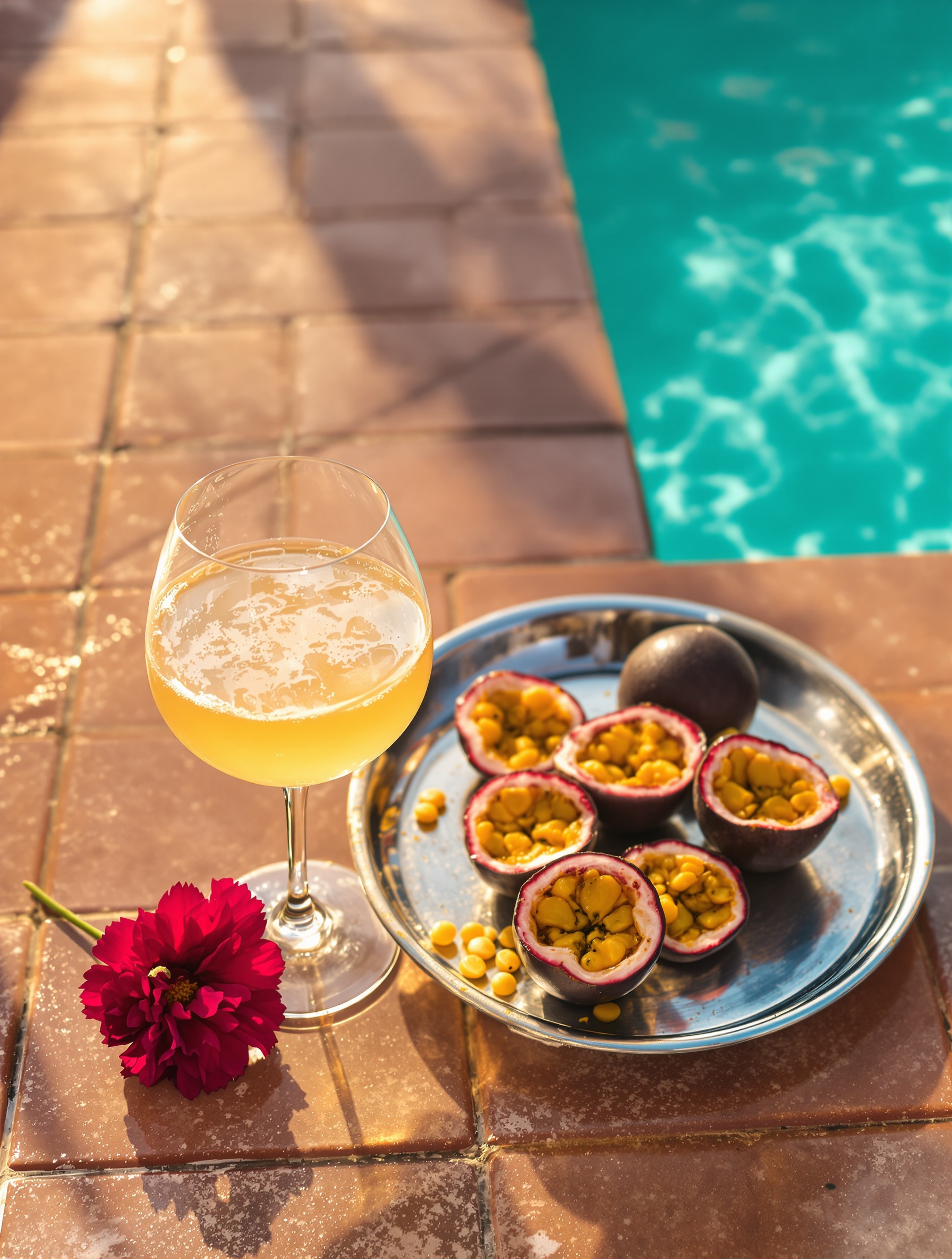 Two pale wine glasses and halved passionfruits on a wet terracotta poolside bar in late afternoon sun, with a single loose crimson carnation beside a tray of cracked ice.