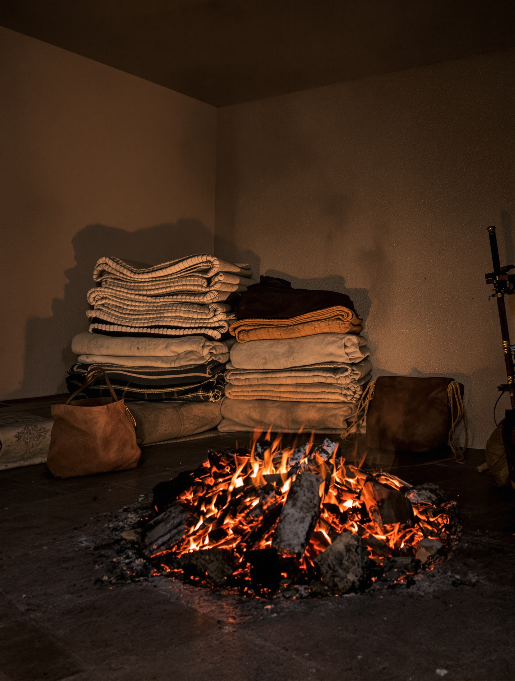 Dying cade-wood embers on a caravanserai floor with leather goods in soft shadow, capturing the raw smoldering soul of Oman Luxury Caden.