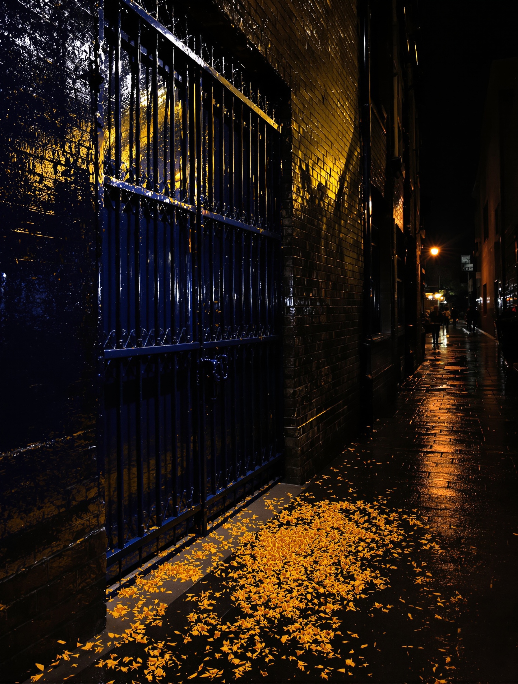 A rain-wet cobalt iron door in a dark alley with scattered saffron threads at its base, evoking Outcast Blue Extrait.