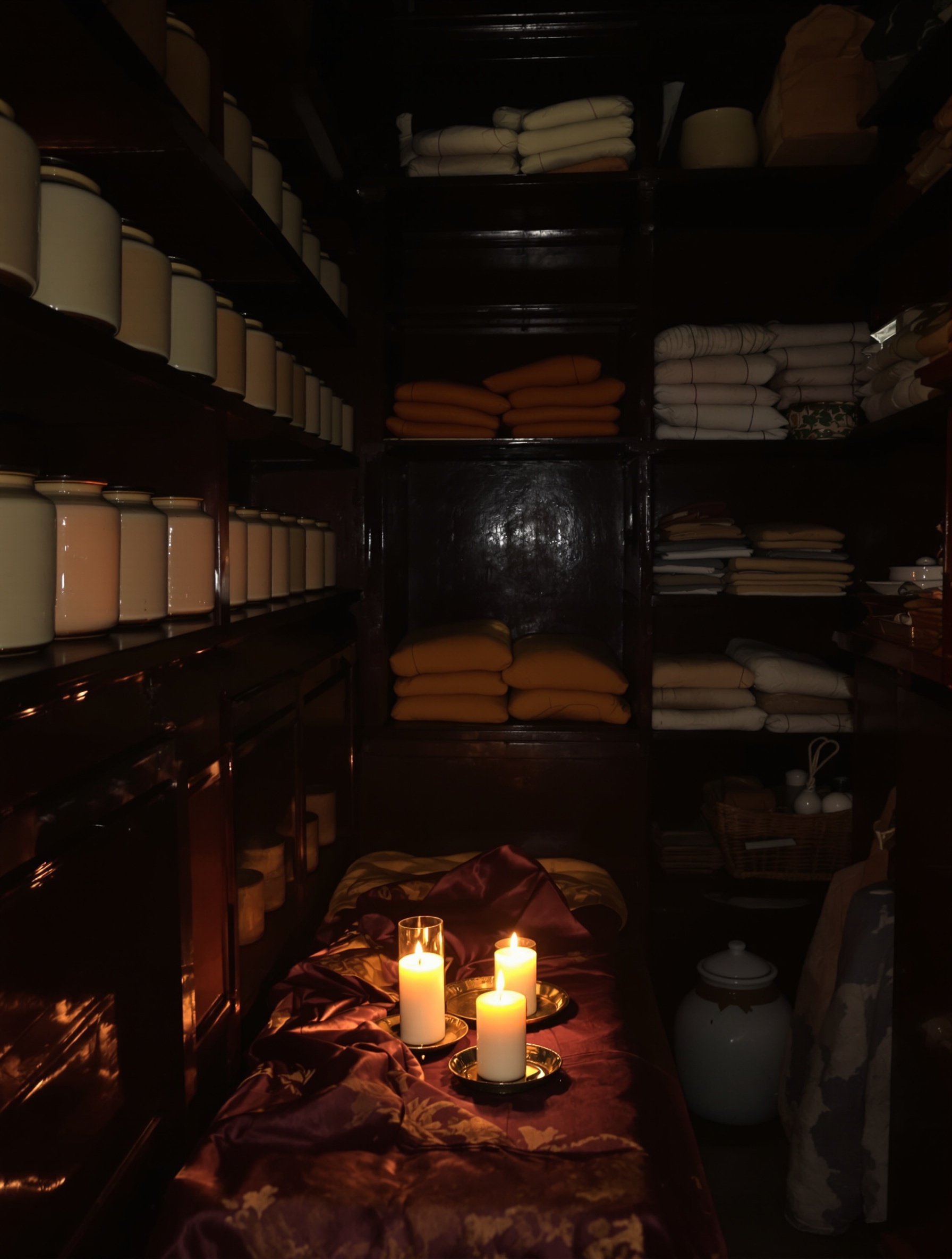 A candlelit sealed room of old ceramics and silk evoking the interior world of EO2 Tonkin by Ensar Oud.