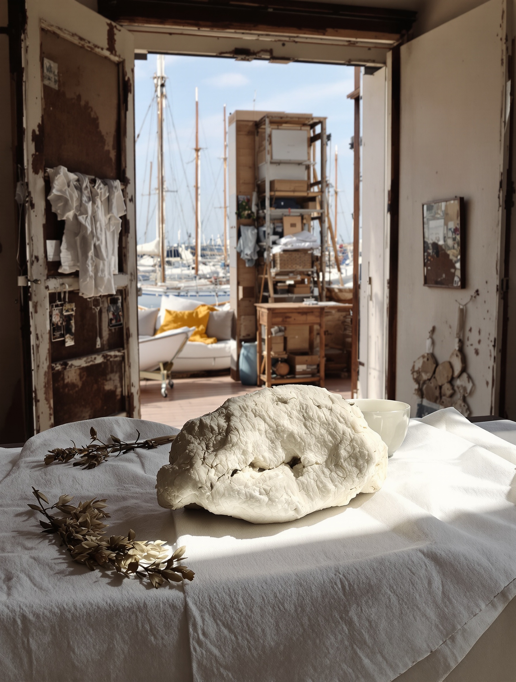 Raw pale-grey ambergris on white cloth in a sunlit harbour warehouse, grounding the deep resinous soul of Neptune's Trident by Argos.