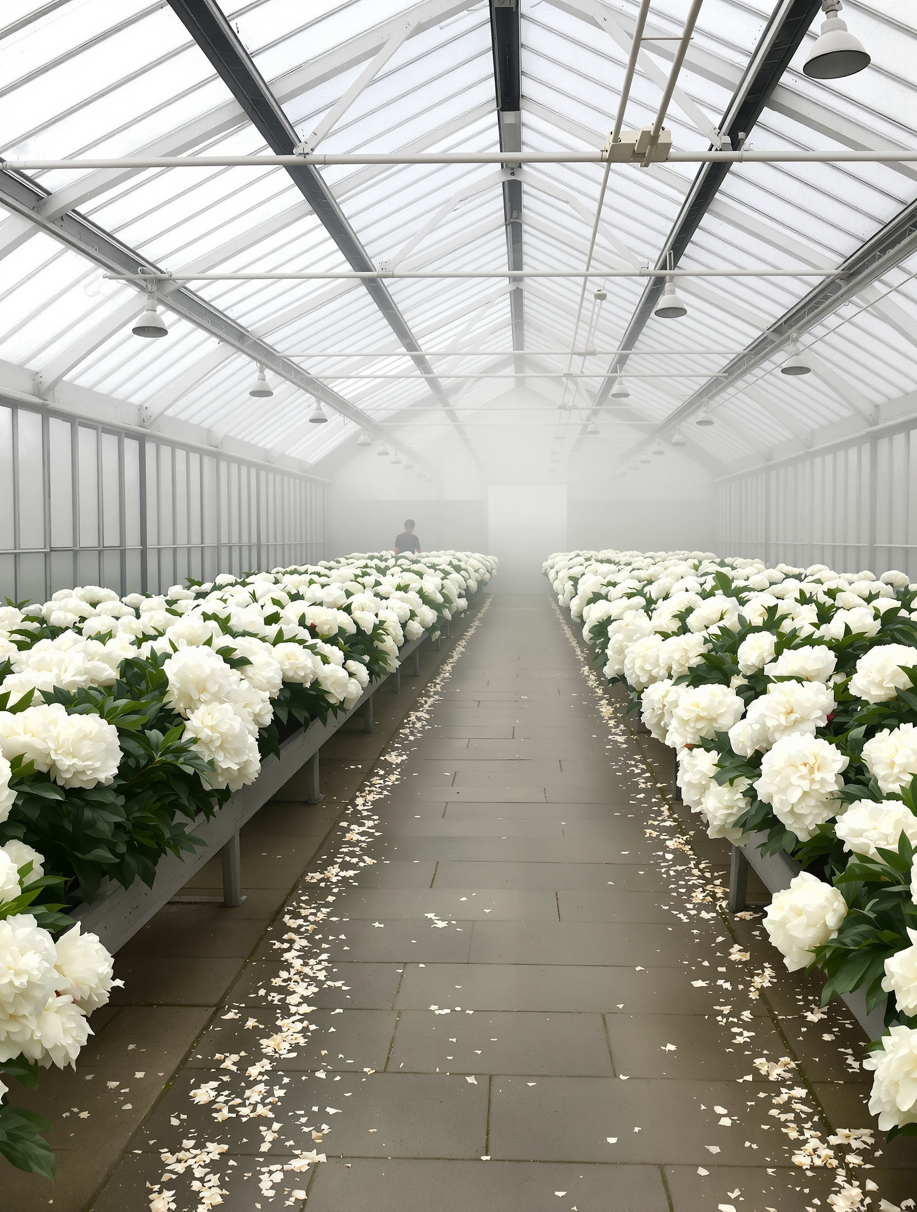 Bright glass greenhouse interior massed with white peonies at peak bloom for Fleur Narcotique Extrait by Ex Nihilo.