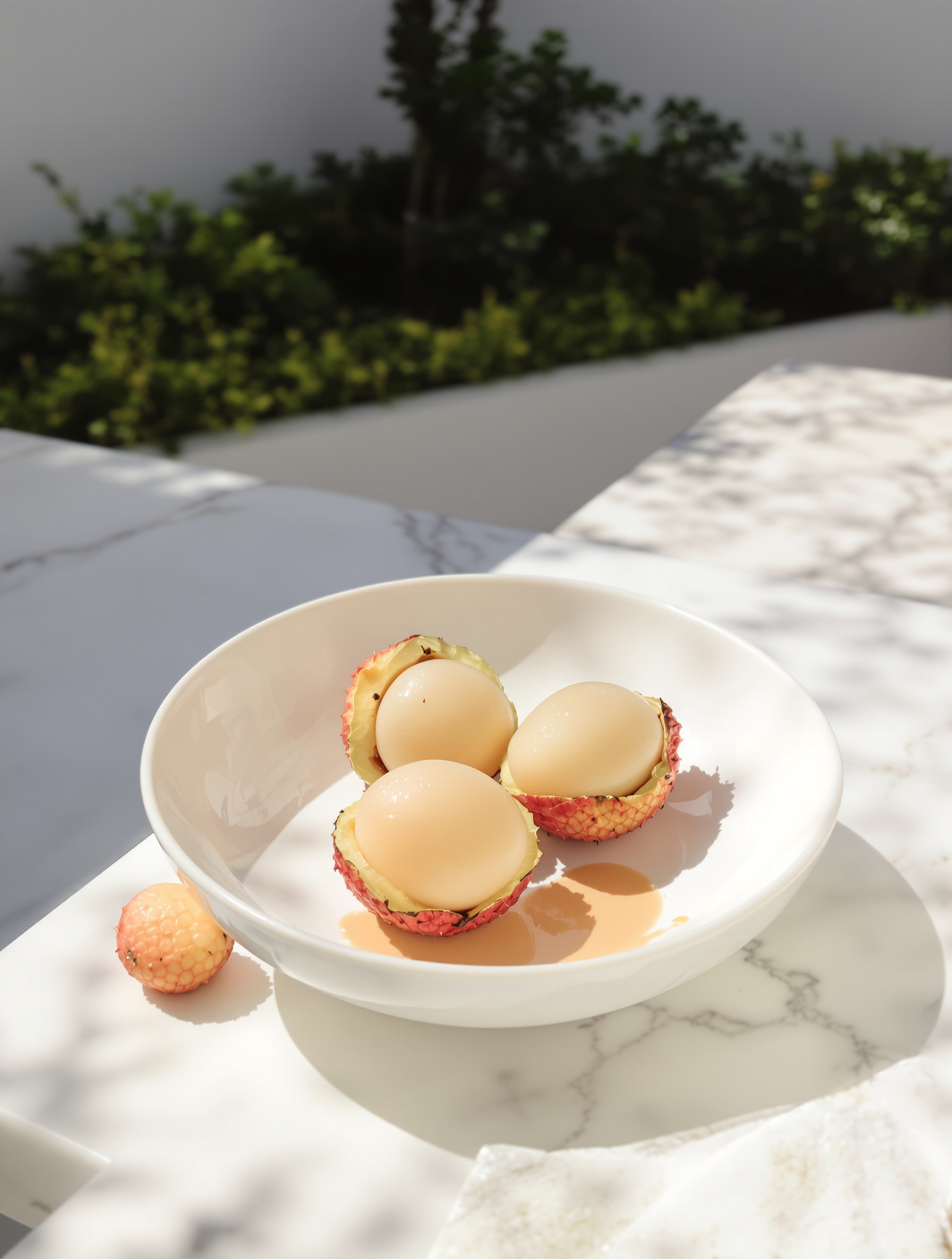 Split lychees in a white porcelain bowl in direct sunlight on a marble terrace, still life for Fleur Narcotique Extrait by Ex Nihilo.