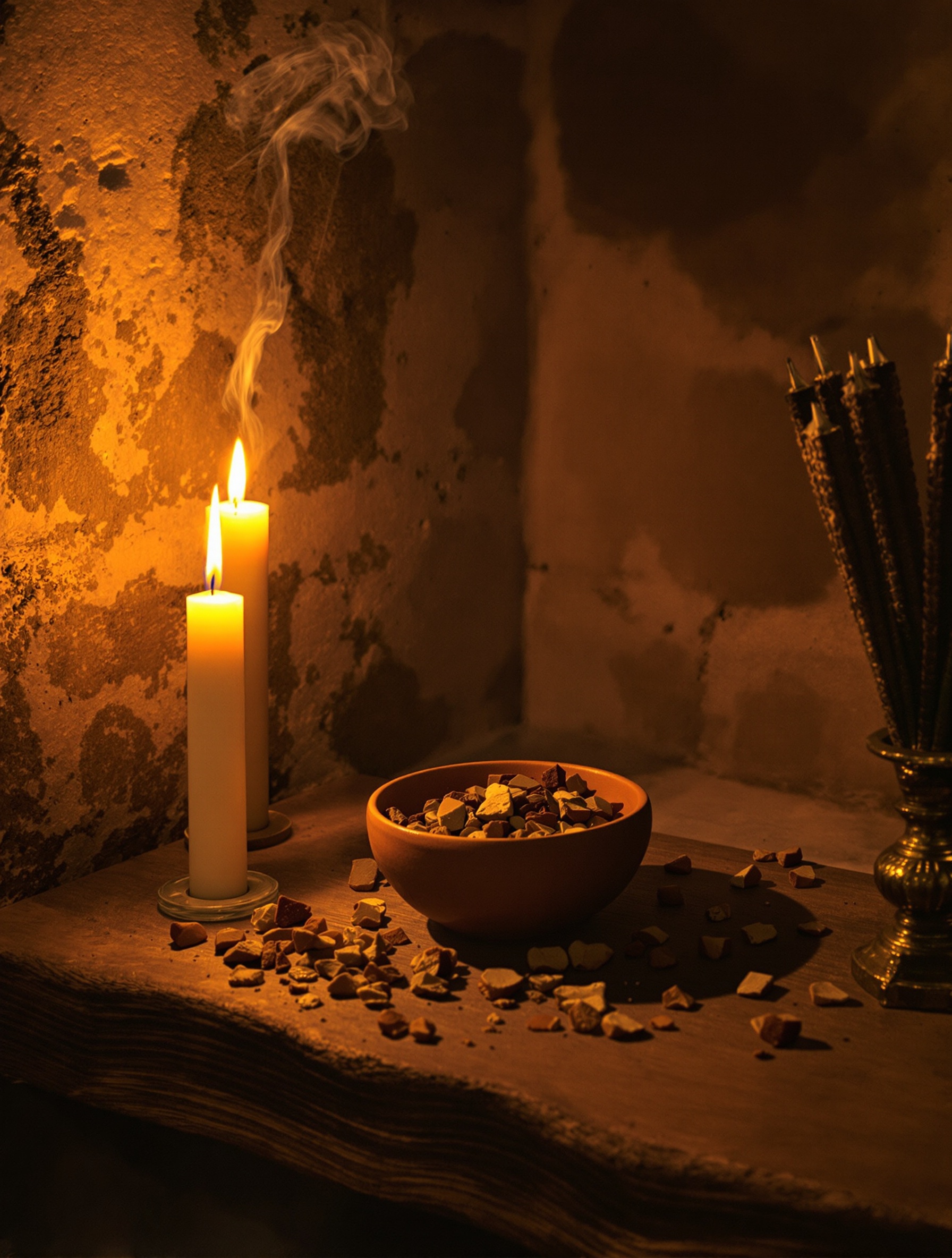 A clay bowl of resin chunks on a worn wooden shelf in a candlelit stone cellar, thin smoke drifting naturally upward through amber light.