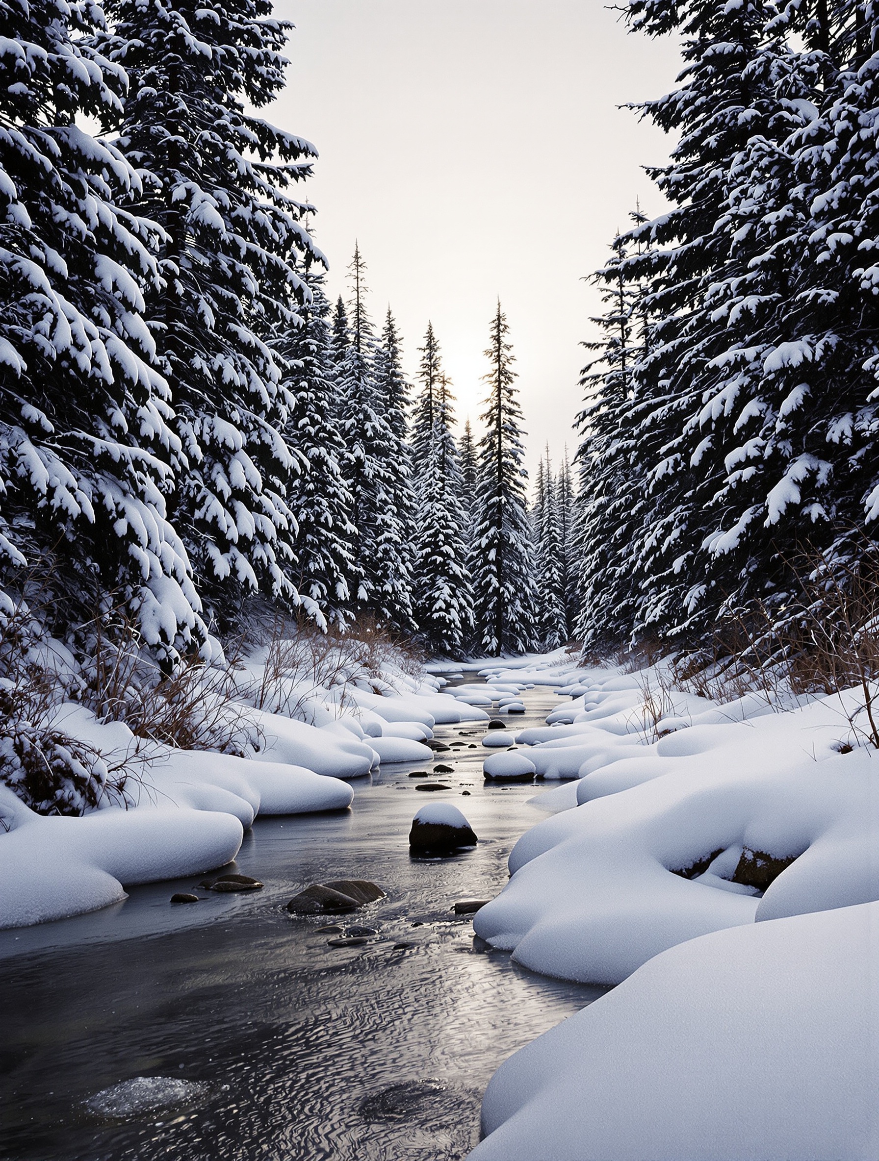 A snow-laden Siberian spruce forest at winter dusk with a shallow frozen creek in the foreground, river stones and pine needles barely visible beneath natural grey ice.
