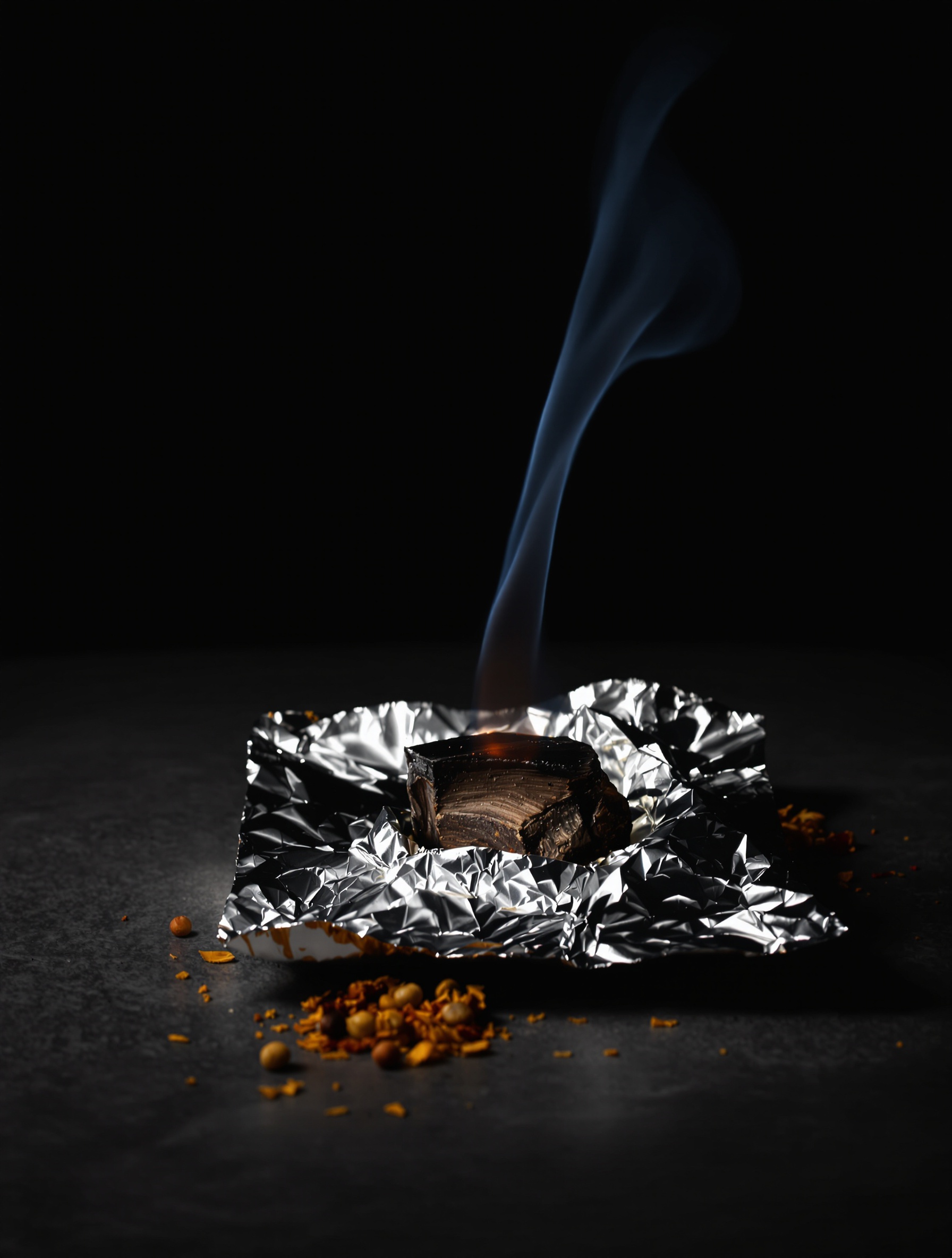 A fragment of smoldering agarwood on metal foil with saffron and pepper on dark stone, evoking Outcast Blue Extrait.