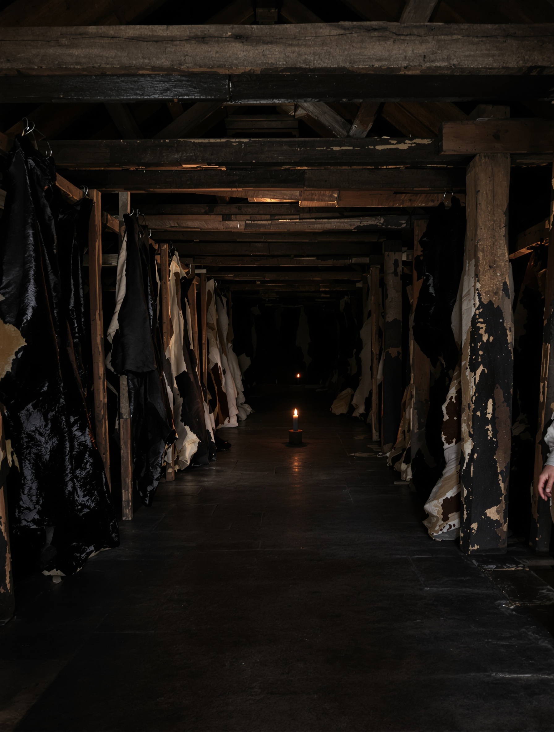 The shadowed interior of a traditional tannery with hides on wooden frames and a distant candle, capturing the feral archaic atmosphere of War and Peace 2.