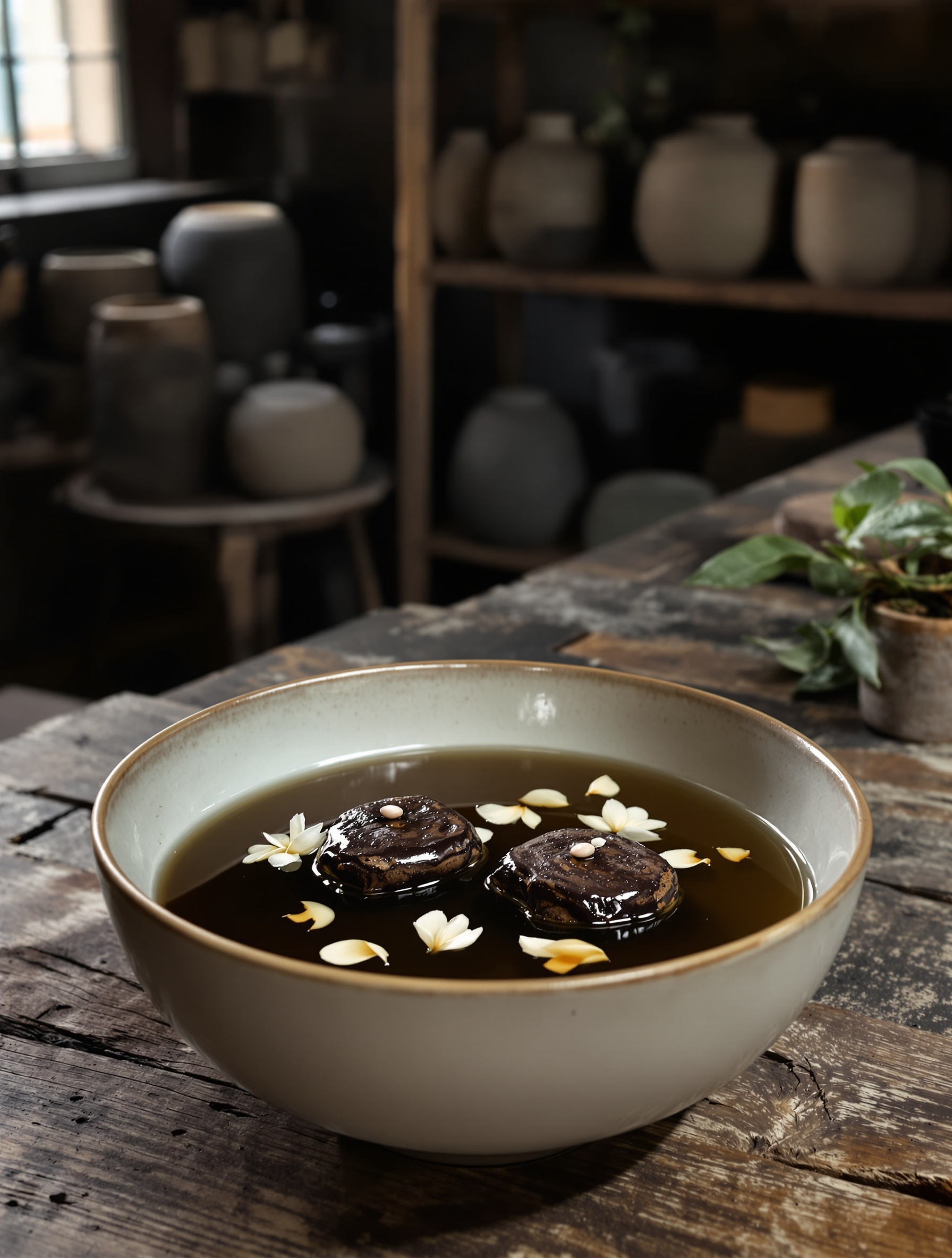 Agarwood submerged in dark musk tincture in a ceramic bowl, evoking the resinous soul of EO2 Tonkin by Ensar Oud.