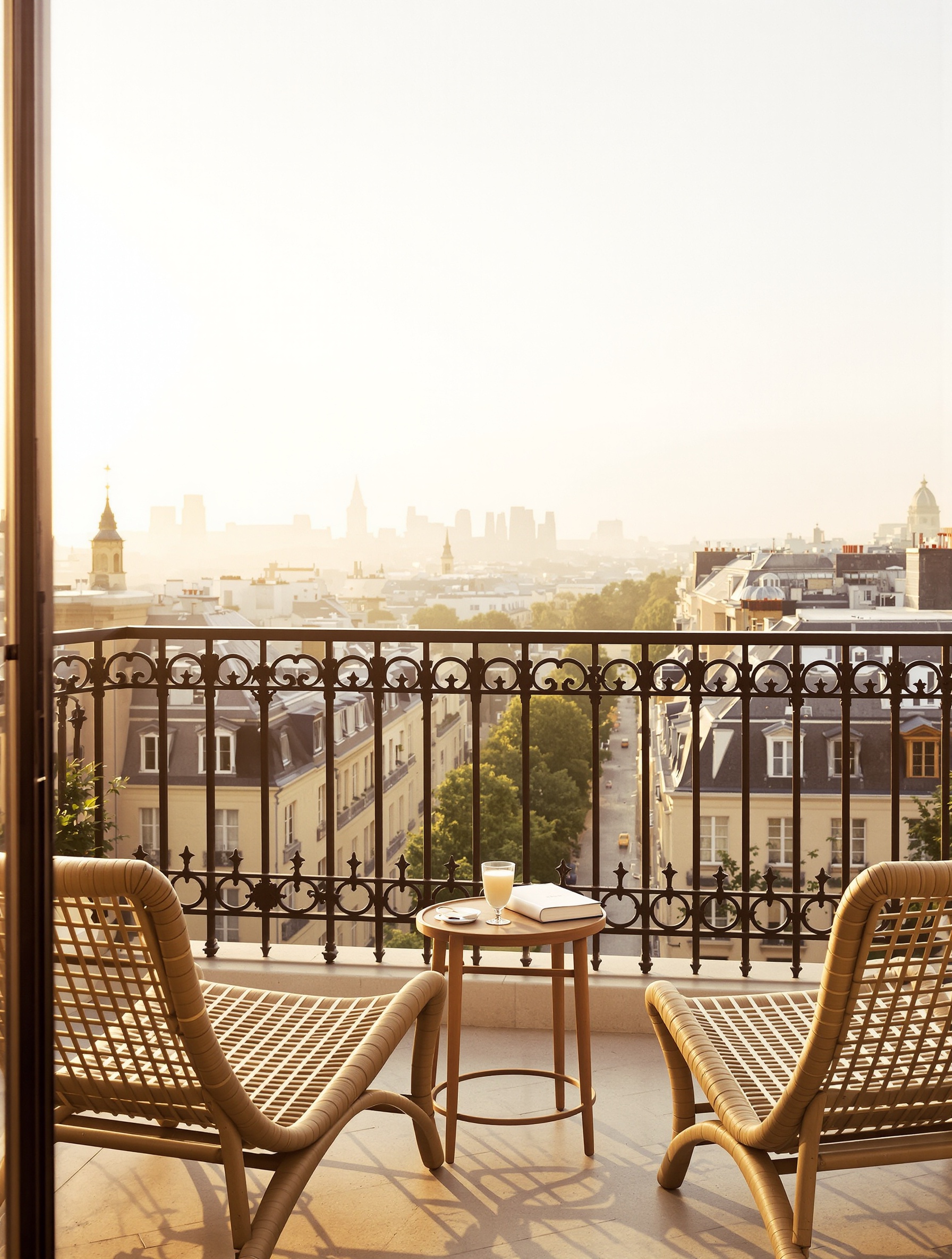 A sunlit Parisian penthouse terrace at golden hour evoking the leisured confidence of The Hedonist Extrait.
