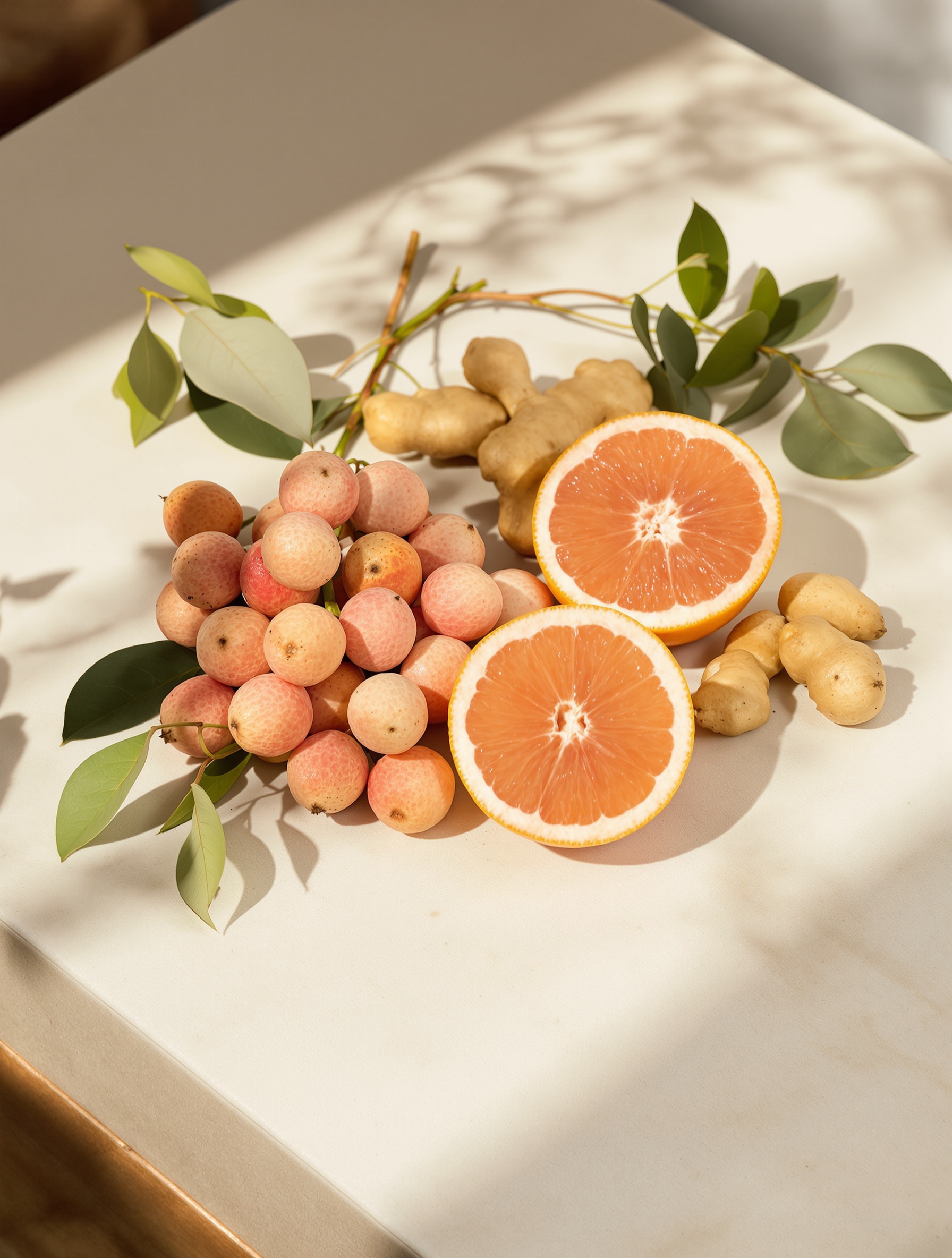 Fresh lychees, halved grapefruit, and ginger root on pale stone in warm editorial light for The Hedonist Extrait.