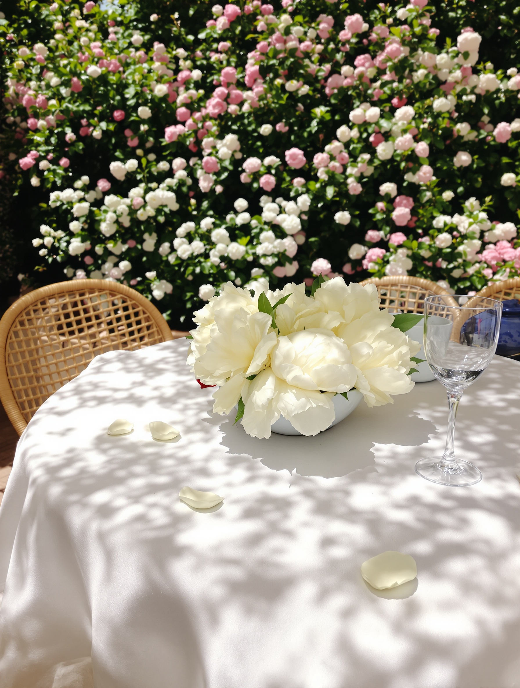 A real-feeling sun-dappled terrace table with rumpled linen, a ceramic bowl of overblown cream peonies, and softly blurred flowering garden beyond.
