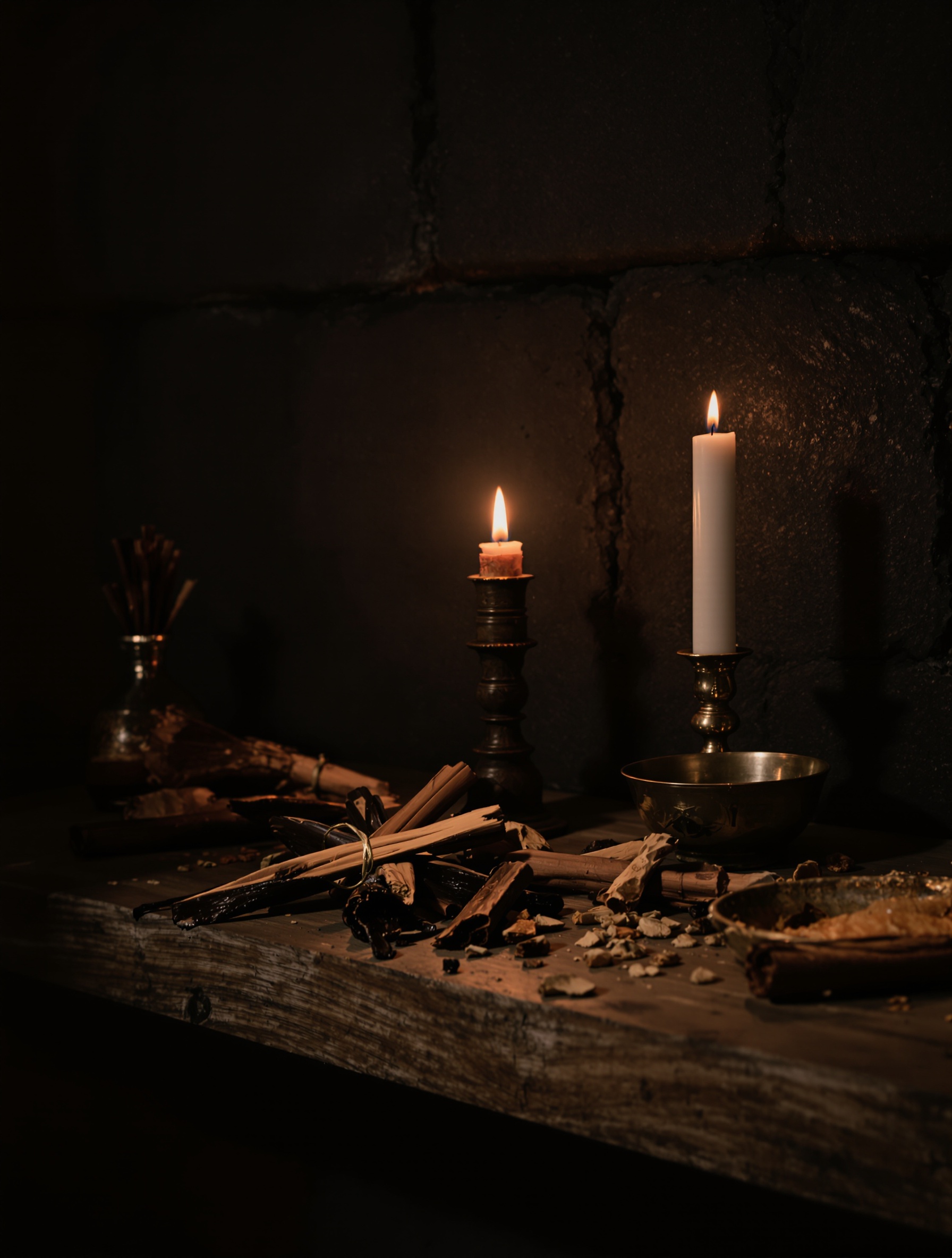 A candlelit wooden shelf displaying split vanilla pods, raw oud chunks, cinnamon bark, and a brass resin bowl against a dark stone wall.