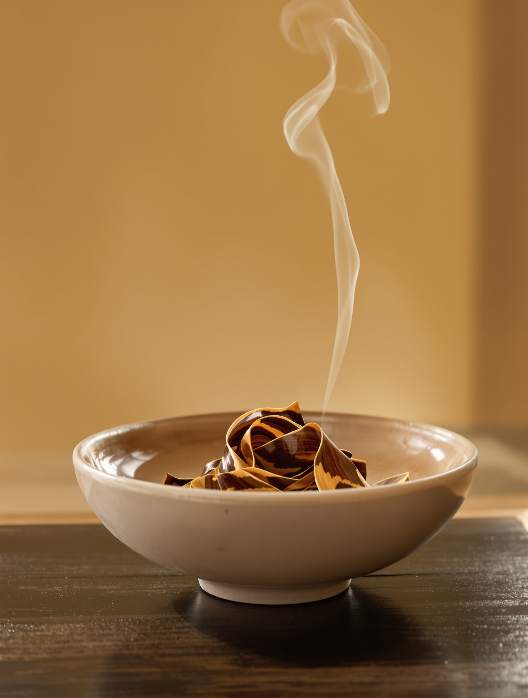 Akigalawood shavings in a ceramic bowl glowing in amber afternoon light, the resinous heart of The Hedonist Extrait.