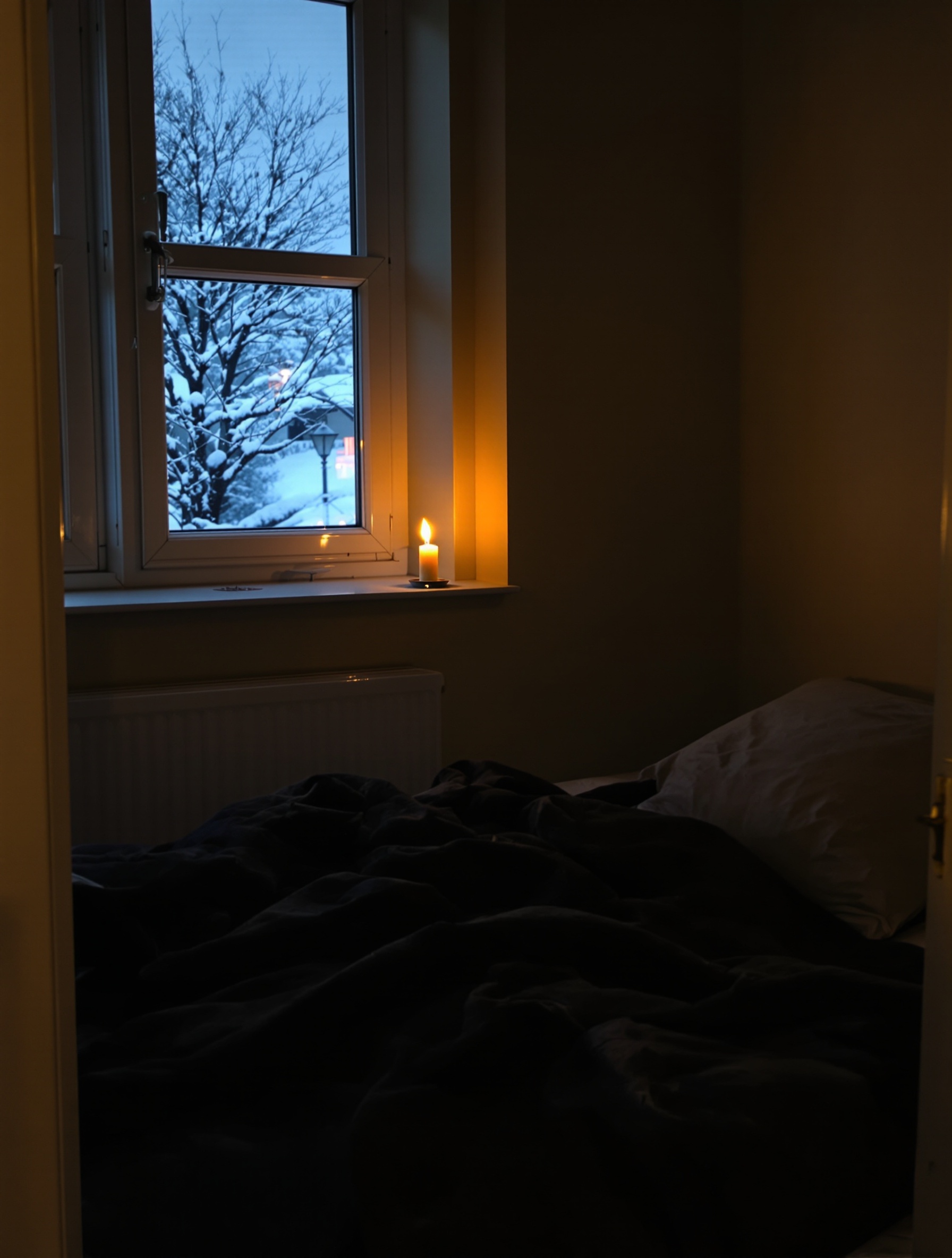 A candlelit winter bedroom at night, dense with warmth and snowlight at the window, for Vanilla Waves V2 Extra Musk by Lost Tribe.