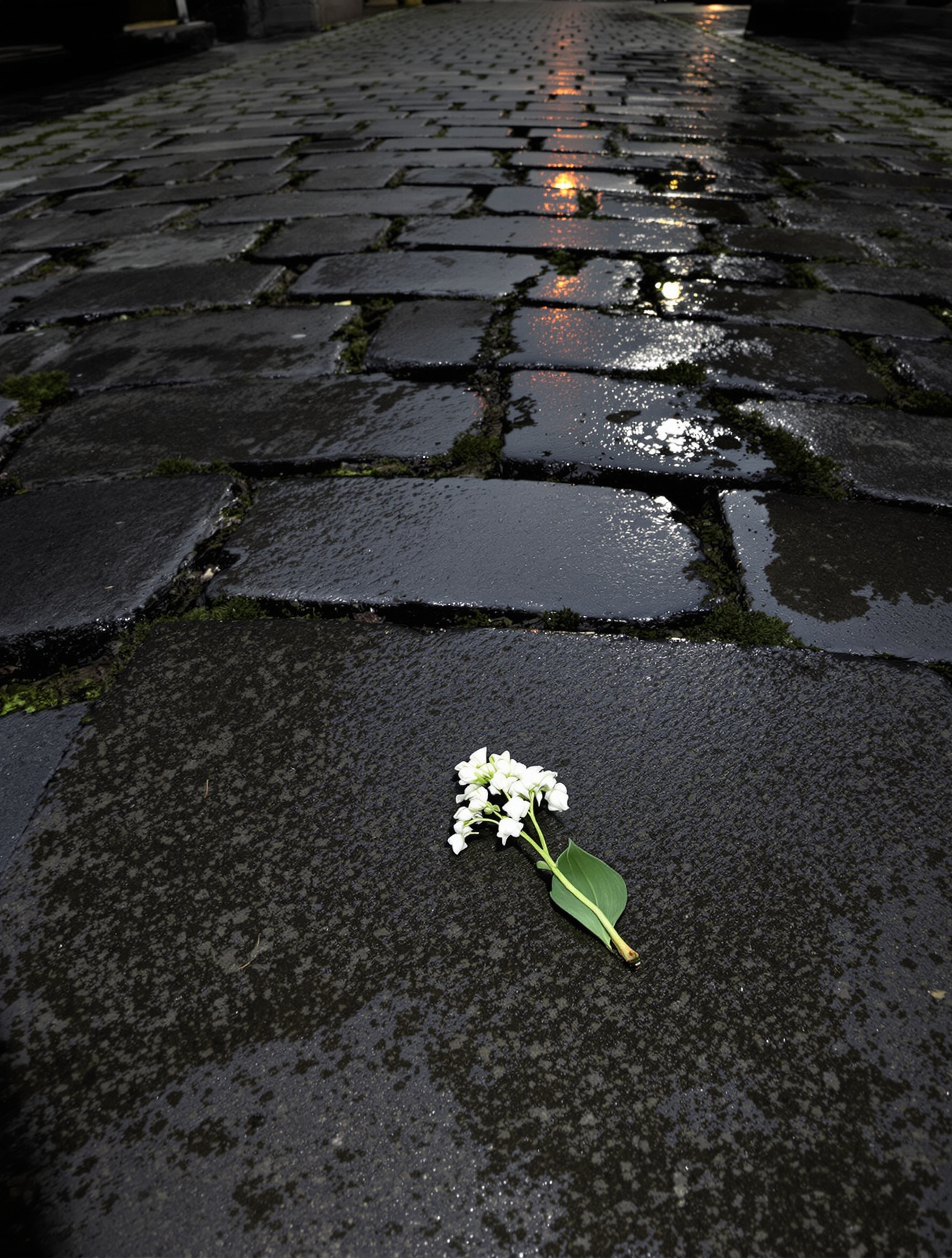 A lone lily of the valley spray rests on wet, shadow-pooled cobblestones at dusk, its white bells barely lit against near-black moss and cold grey stone.