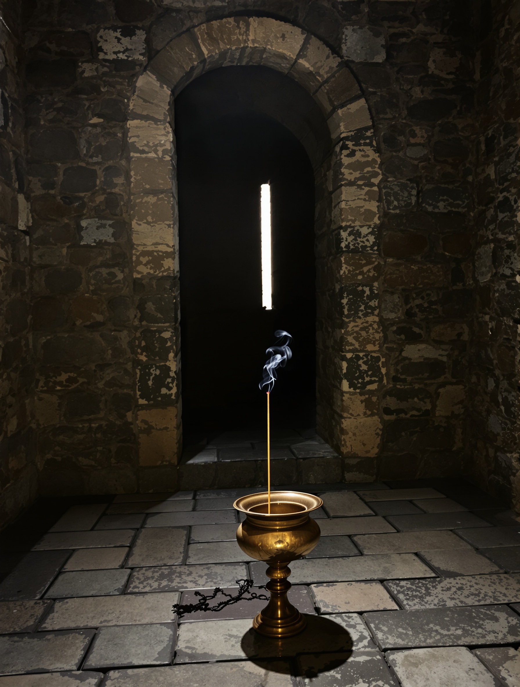 A brass incense burner on an old stone floor releasing a thin curl of smoke through a single shaft of amber light in a dim stone room.