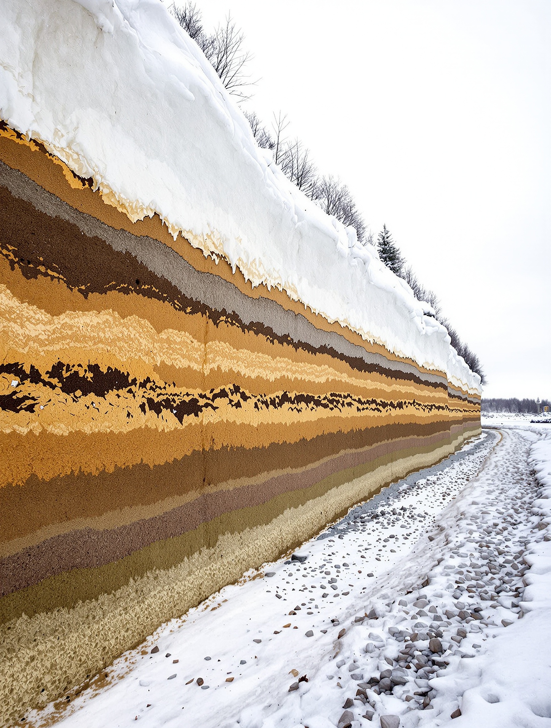 A wide documentary photograph of a tall permafrost riverbank in winter, its amber-stained organic strata exposed against cold grey sky and distant snow.