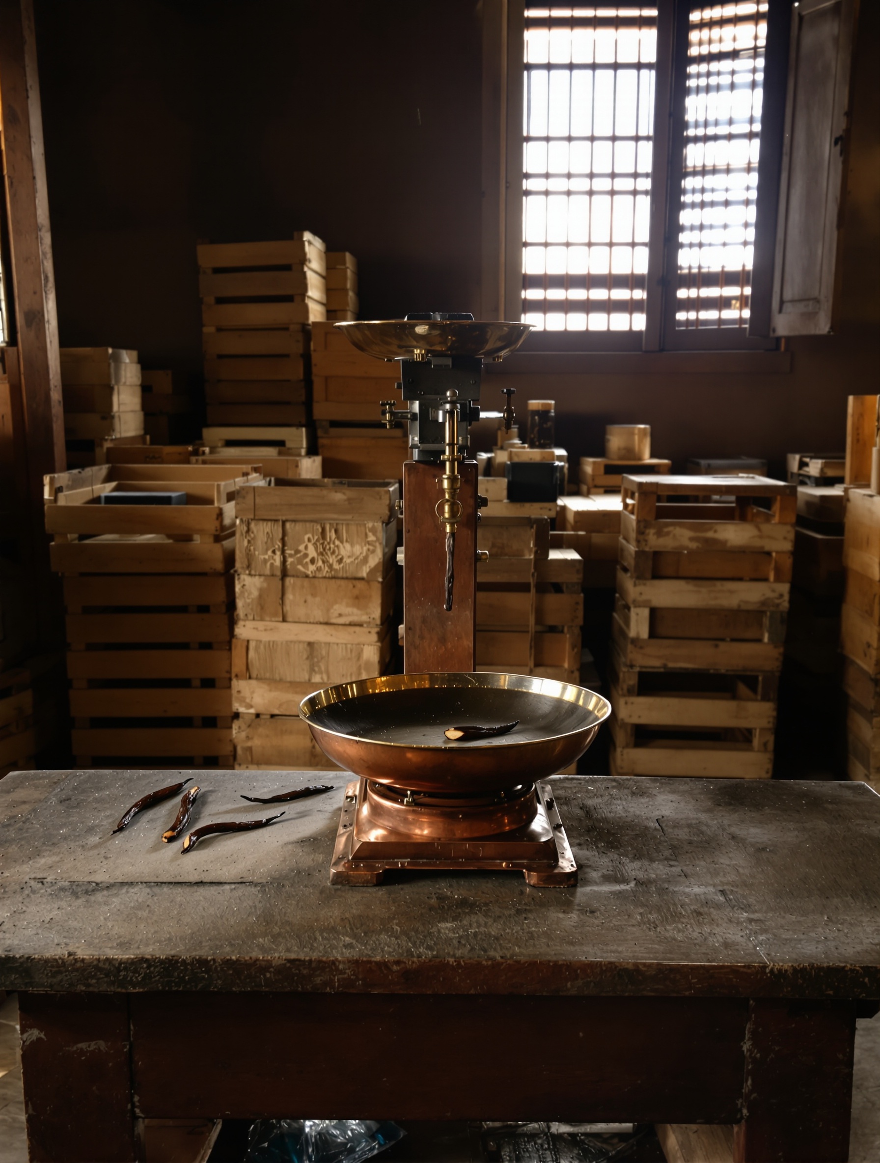 A split vanilla bean resting on an antique copper scale inside a shadowed Havana spice warehouse, the raw material at the heart of Vanille Havane.