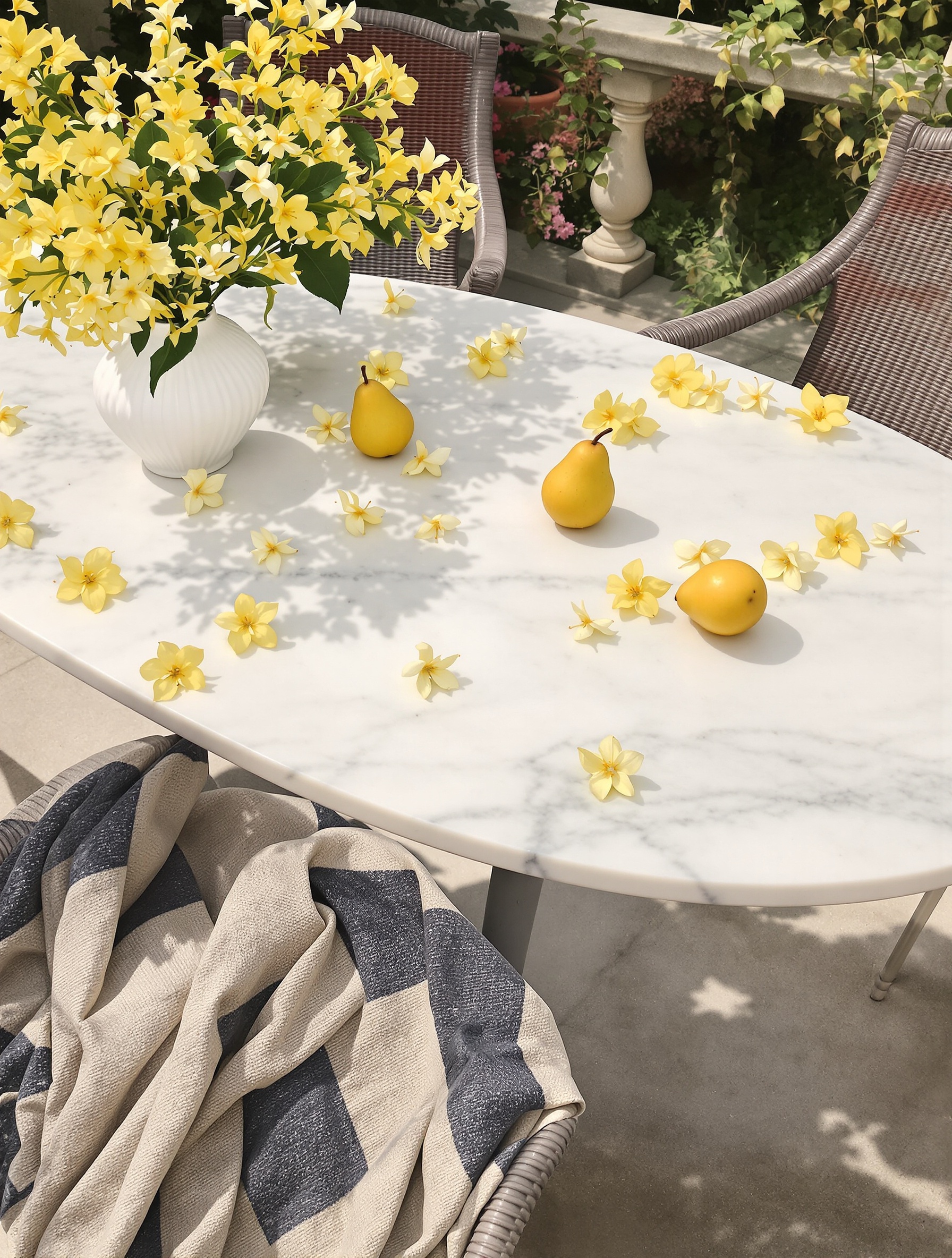 Ylang-ylang blossoms and pale pears resting on a sun-warmed marble terrace surface, evoking the honeyed floral heart of Gold Immortals Extrait.
