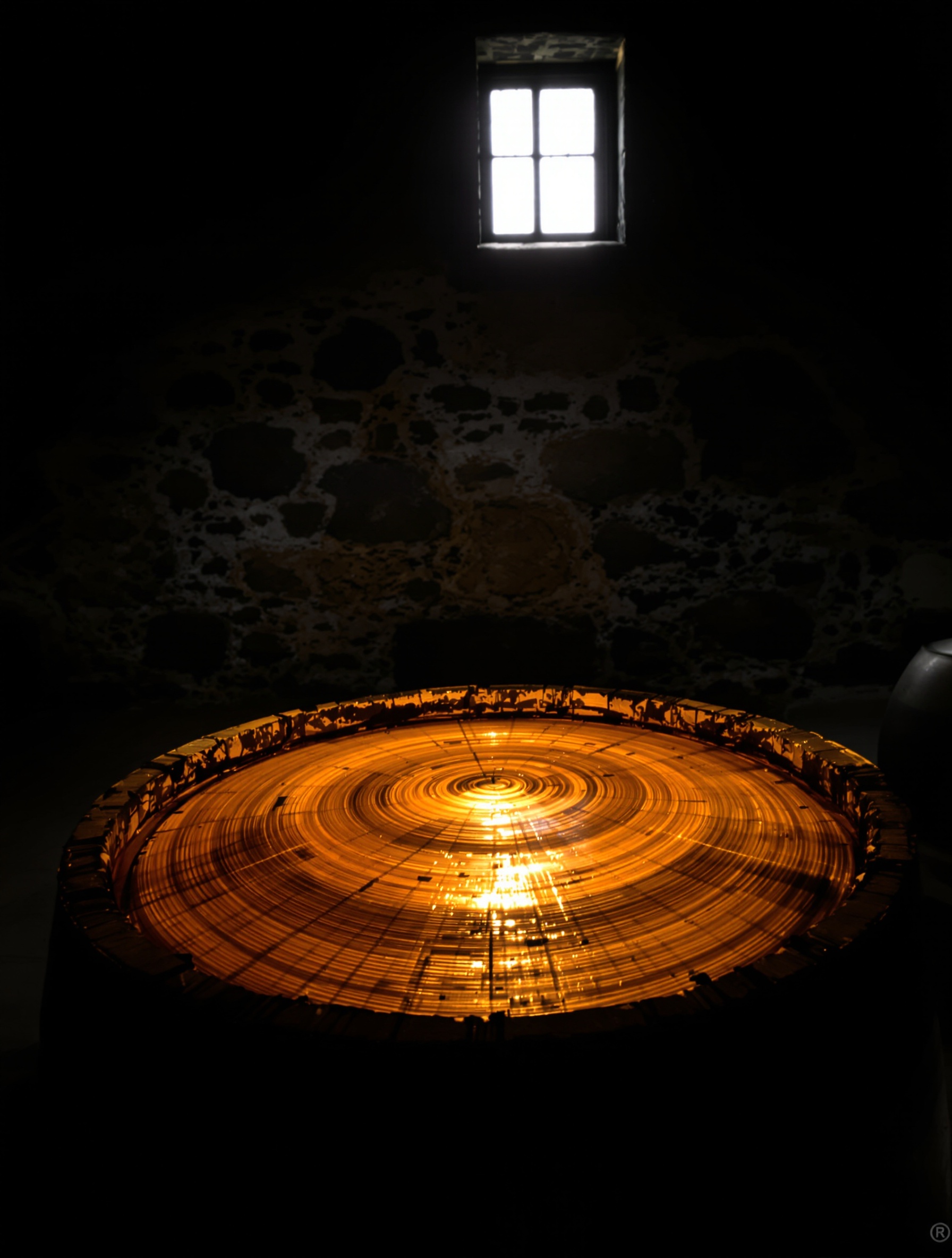 The amber-soaked interior of an open rum barrel catching the last daylight through a high warehouse window, a visual key to the aged depth of Vanille Havane.
