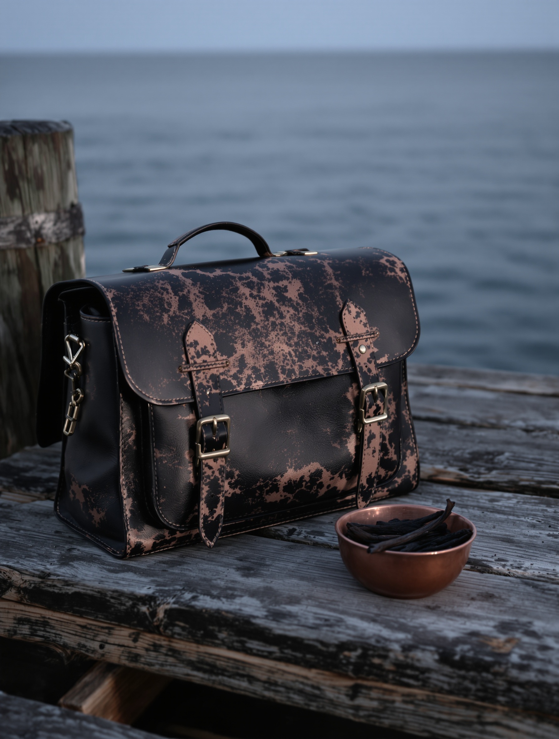 A salt-stained recovered leather satchel open on a Havana dock at dusk beside raw vanilla and cacao, embodying the colonial weight and material darkness of Vanille Havane.