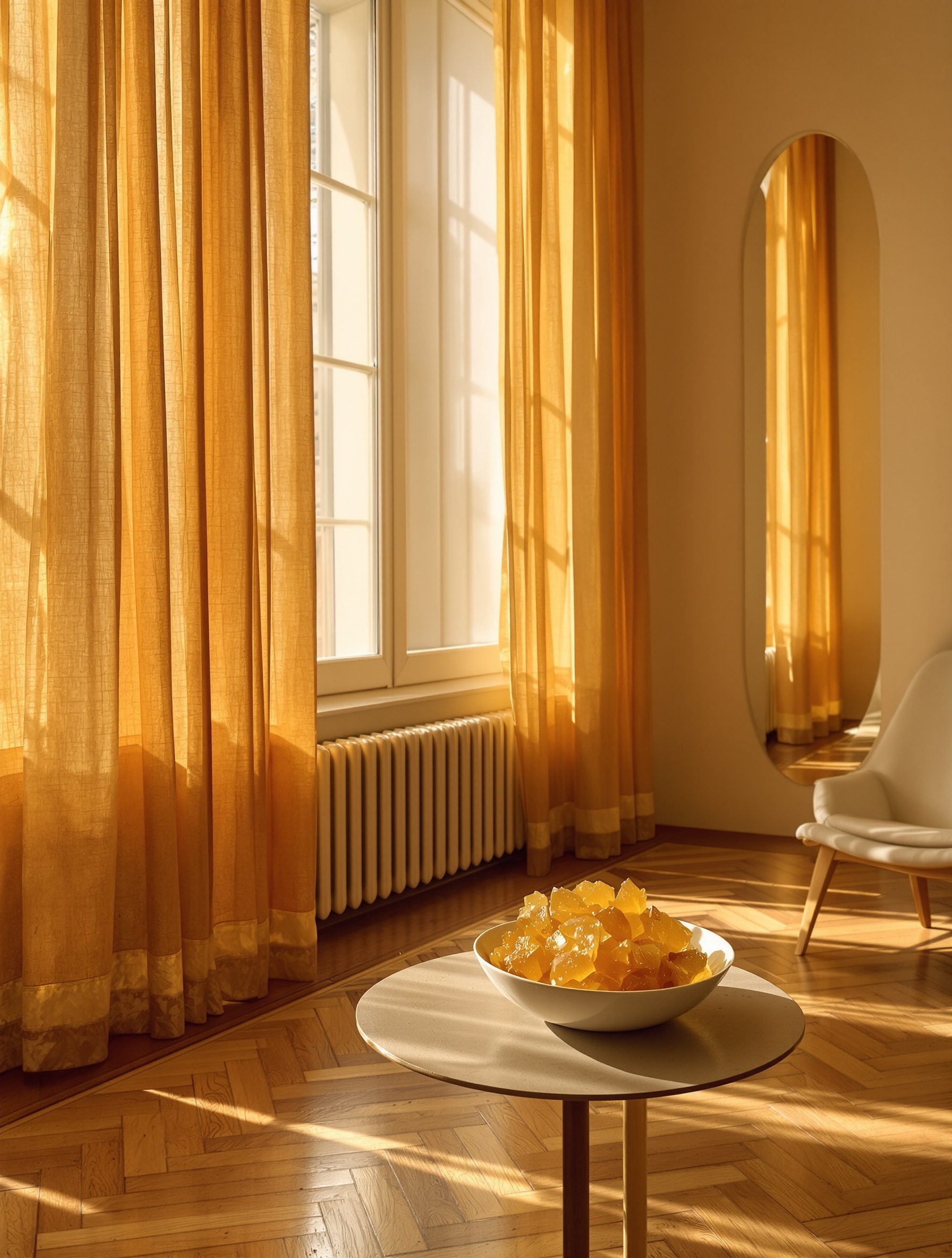 Warm amber resin in a ceramic bowl catching late afternoon sunlight inside a quiet Parisian salon, evoking Gold Immortals Extrait.