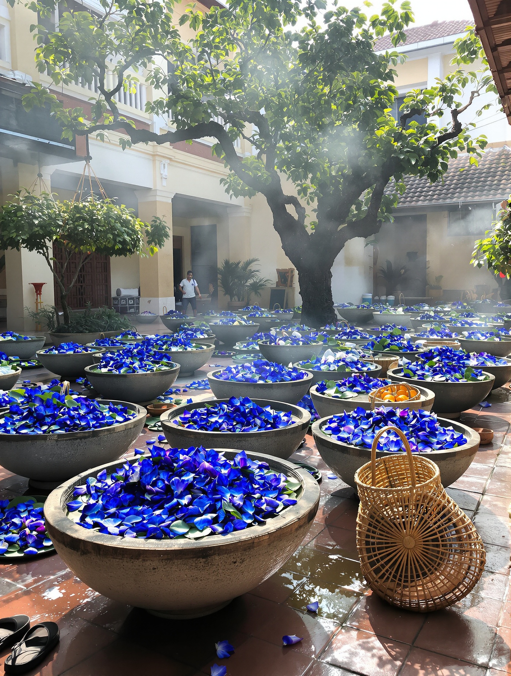 A Thai dawn courtyard overflowing with freshly harvested blue lotus blossoms for Blue Kalbar by Ensar Oud.