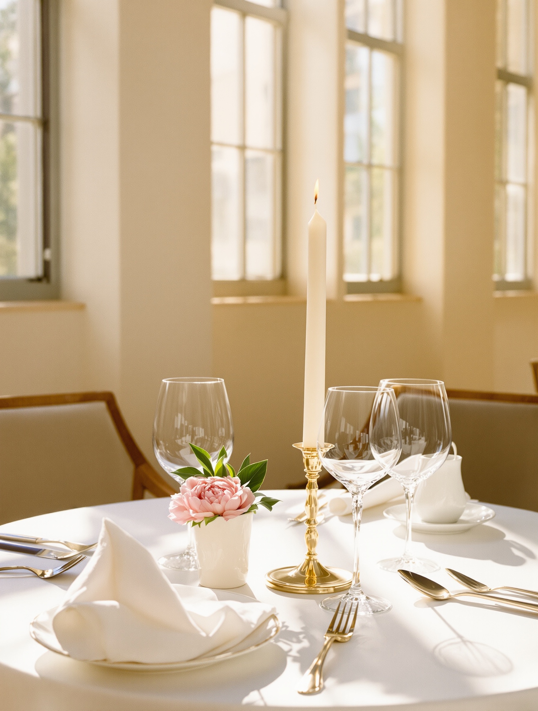 A sunlit fine-dining table dressed in white linen with crystal glasses, a blush peony, and a brass candlestick glowing in warm afternoon light.