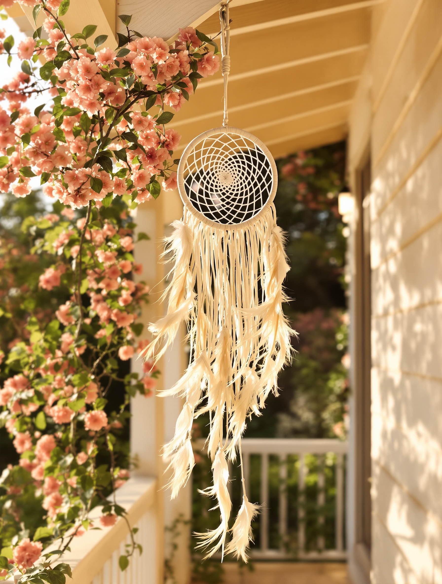 A woven sinew dream catcher backlit on a sunlit wooden porch with feathers in motion, anchoring the dream-threshold mood of Attrape Rêves.