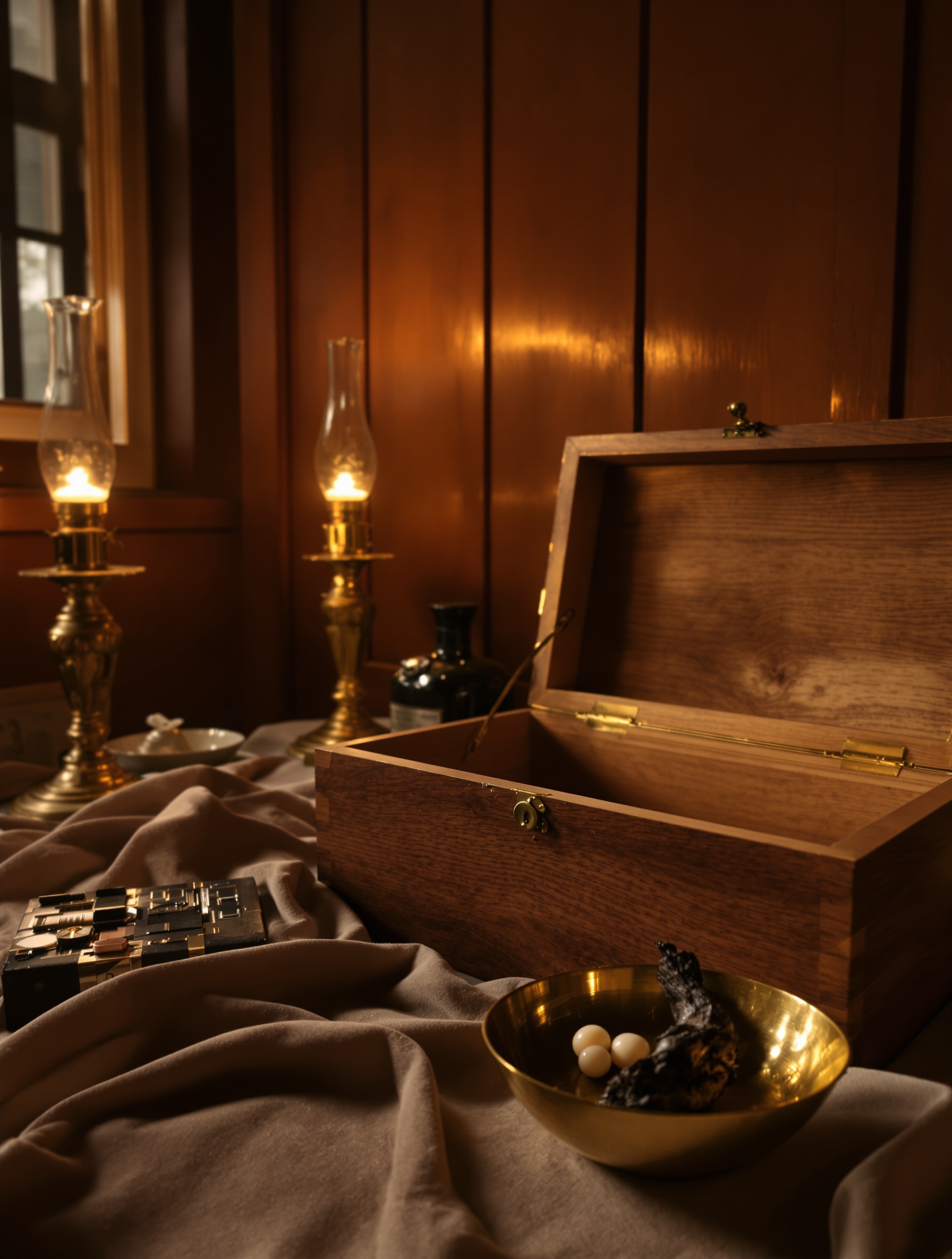 An antique cedar chest open in a dim lamp-lit room, with ambergris and agarwood, evoking the collected rarities of Blue Kalbar.