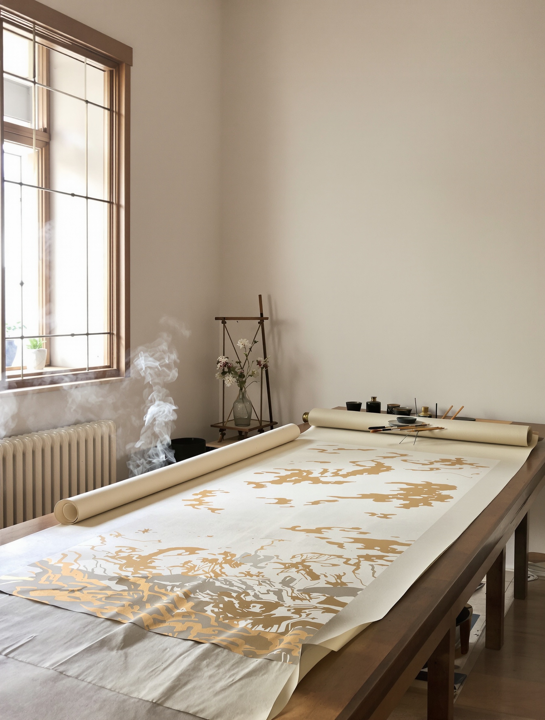 A Tang-style gold-leaf scroll unrolled on a studio table in quiet afternoon light, evoking the celestial arrested opulence of Gold Immortals Extrait.